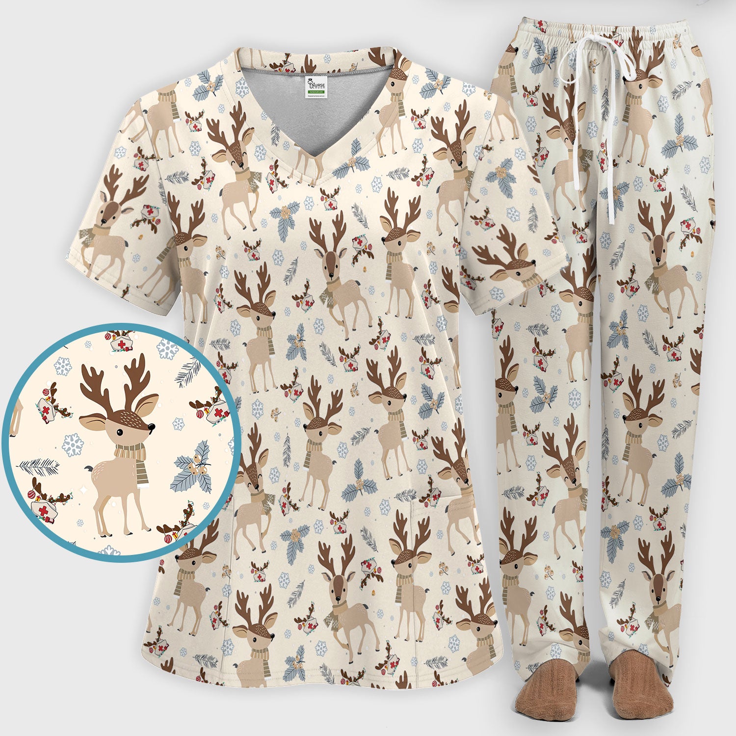 Reindeer Christmas Scrub Set - Cozy Beige Holiday Nurse Shirt with Cute Deer Pattern - Festive Medical Scrubs Pants and V Neck Top