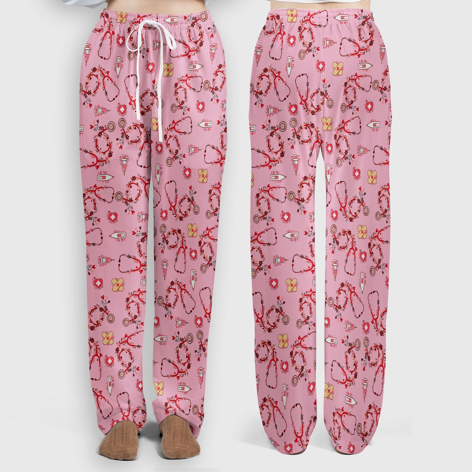 Heart Stethoscope Medical Pattern Scrub Set, Breathable Med Uniform