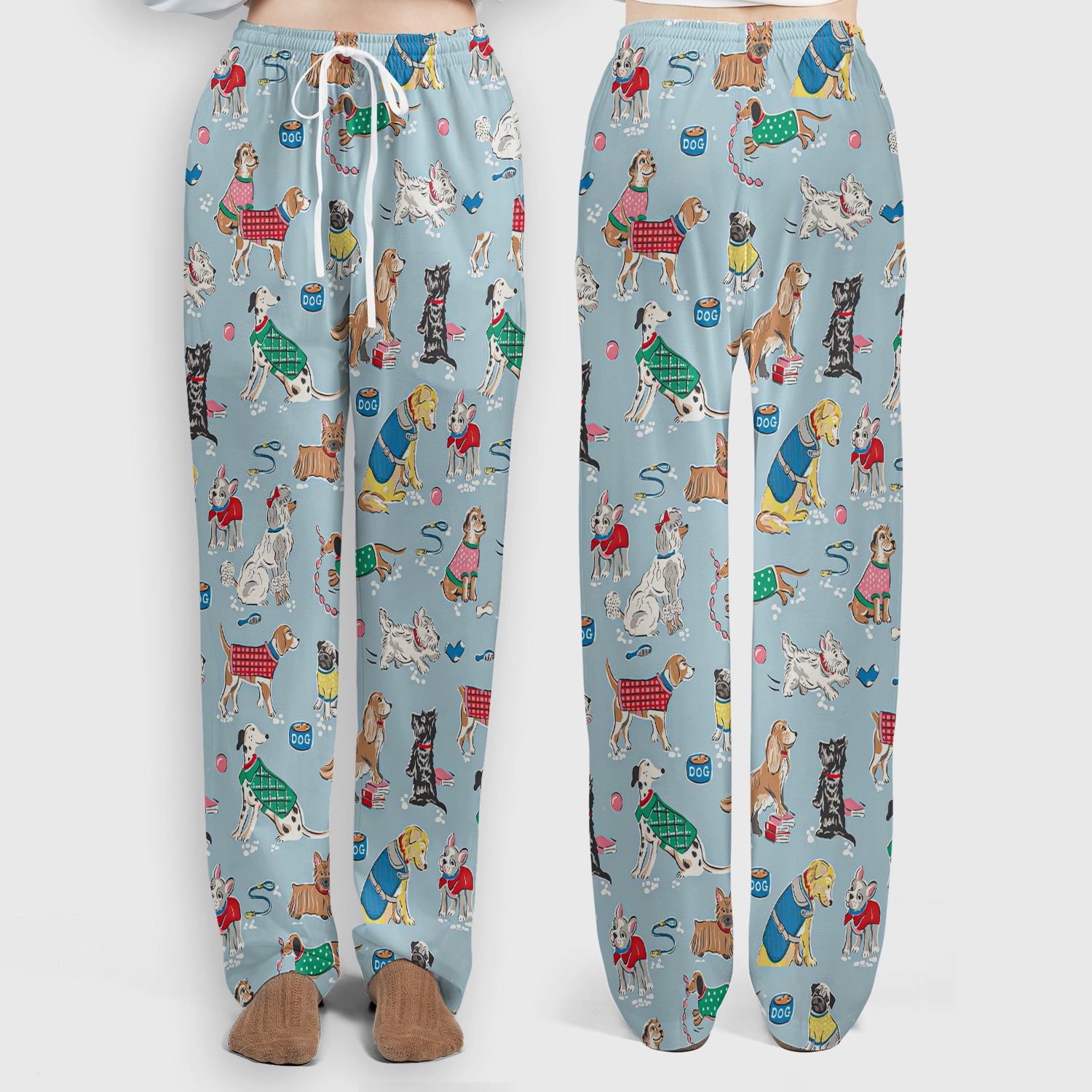 Cute Dog Wearing Sweater Playing Ball Pattern Scrub Set, Scrub Pants and V Neck Top