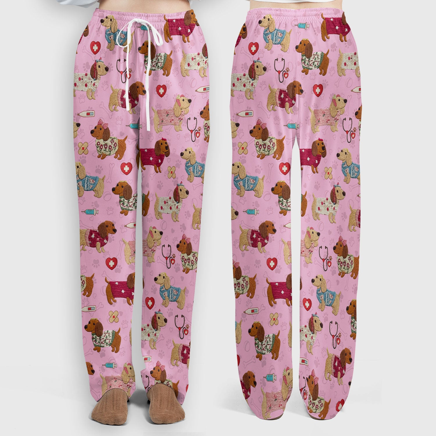 Cute Medical Wiener Dog Pattern Nurse Shirt, Dachshund Nursing Scrub Set, Breathable Fabrics Nursing Uniform