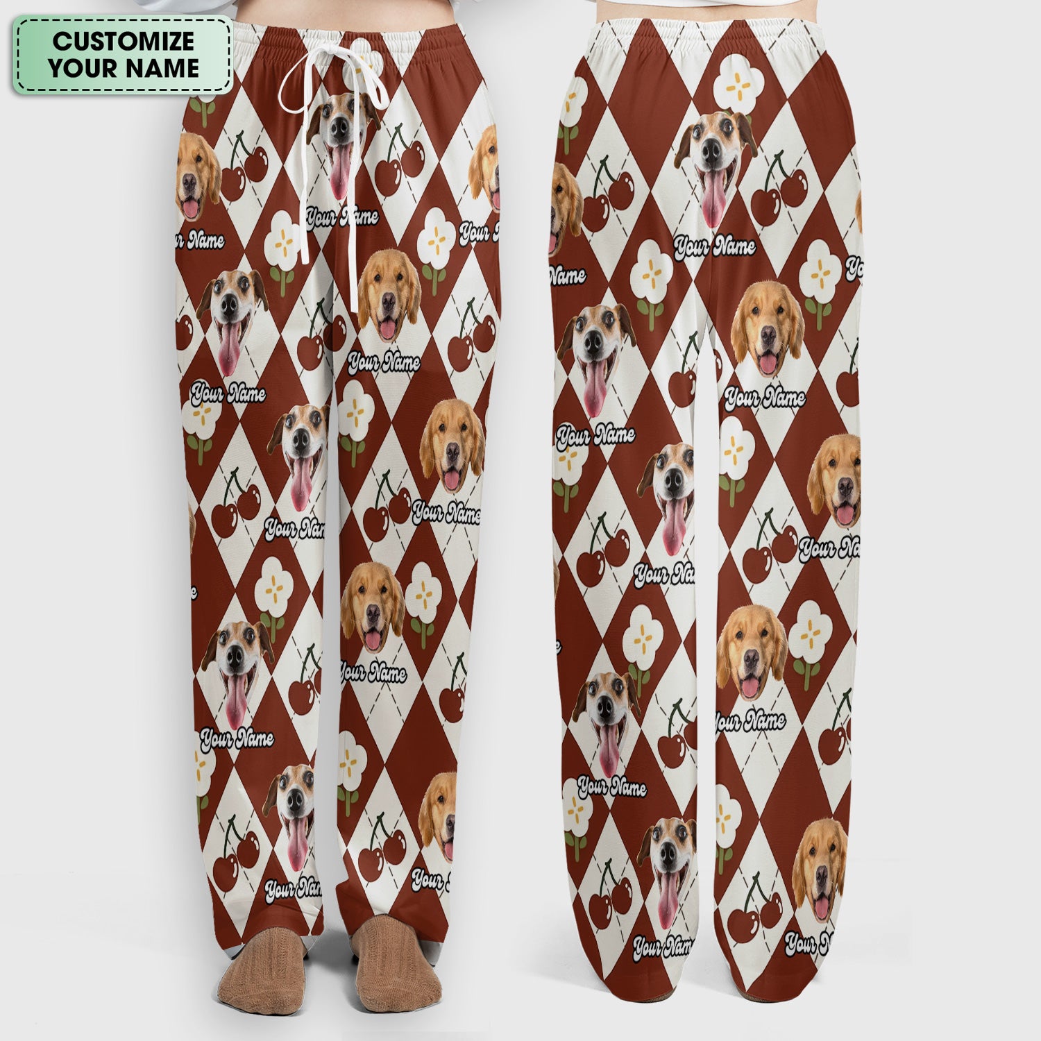 Custom Dog Face Scrub Set, Playful Dog Cherry Argyle Pattern Shirt, Breathable Fabrics Nursing Uniform