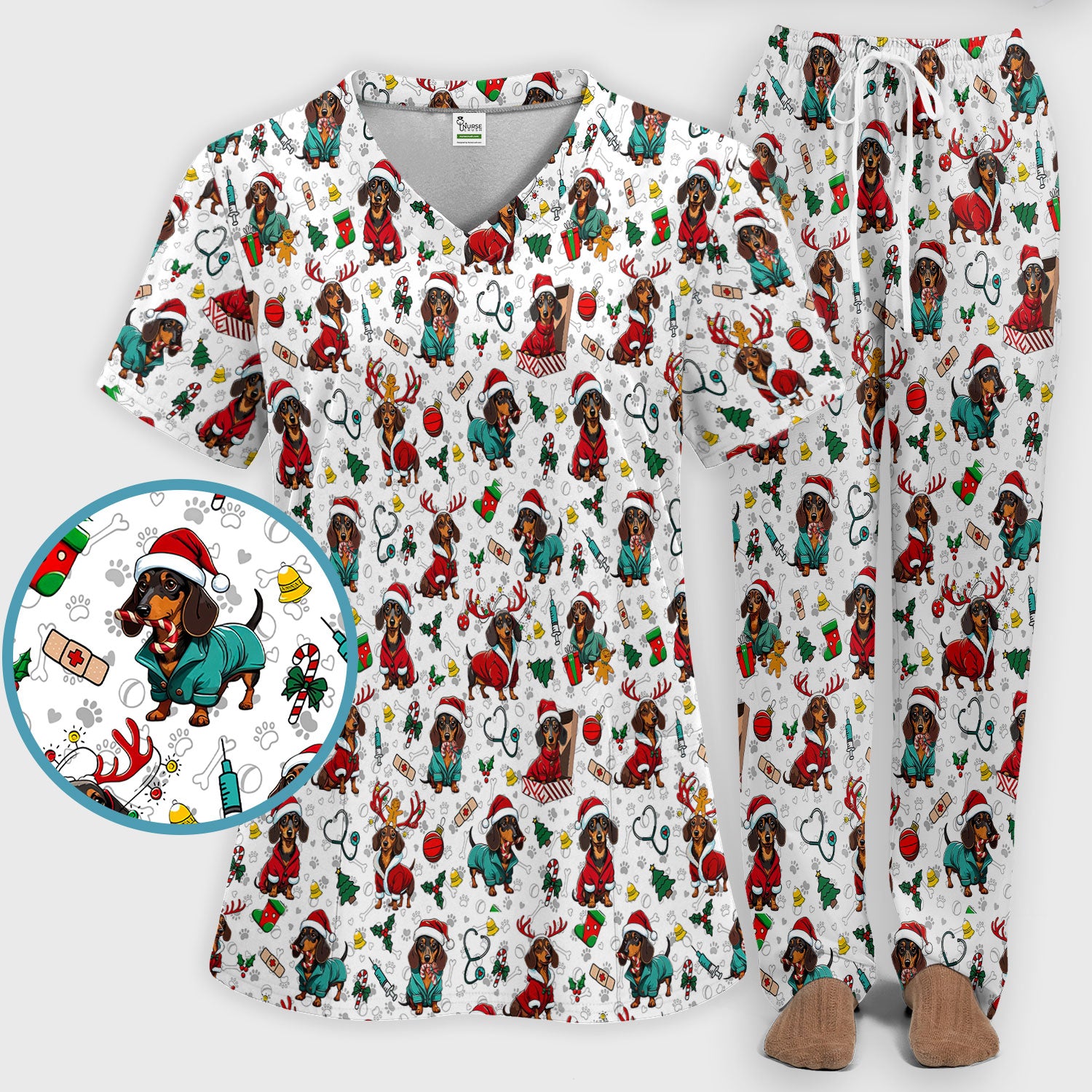 Christmas Dachshund Scrub Set for Nurses - Cute Sausage Dog Holiday - Funny Reindeer & Santa Scrubs Pants and V Neck Top