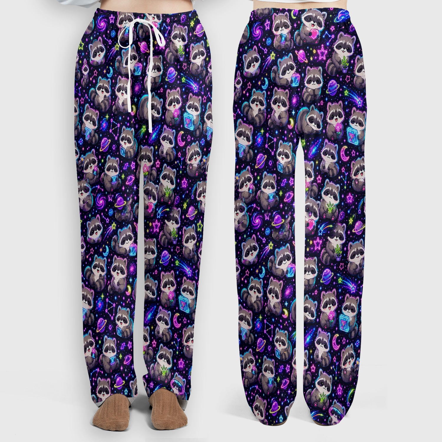Neon Galaxy Raccoon Space Pattern Scrub Set, Scrub Pants and V Neck Top