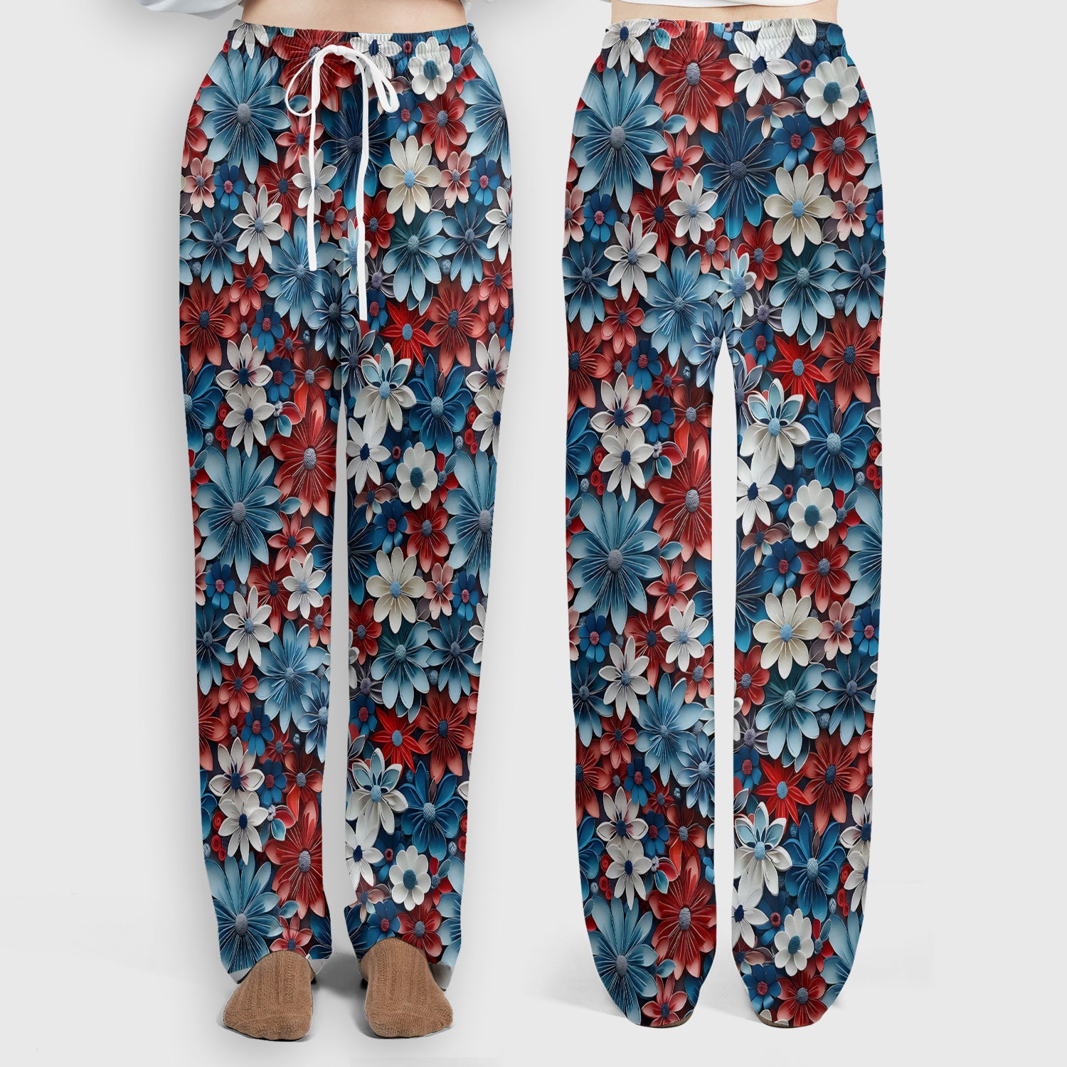 Patriotic 3D Floral Nurse for RN & CNA, Red Blue White Healthcare Workers Uniform Scrub Set, Scrub Pants and V Neck Top