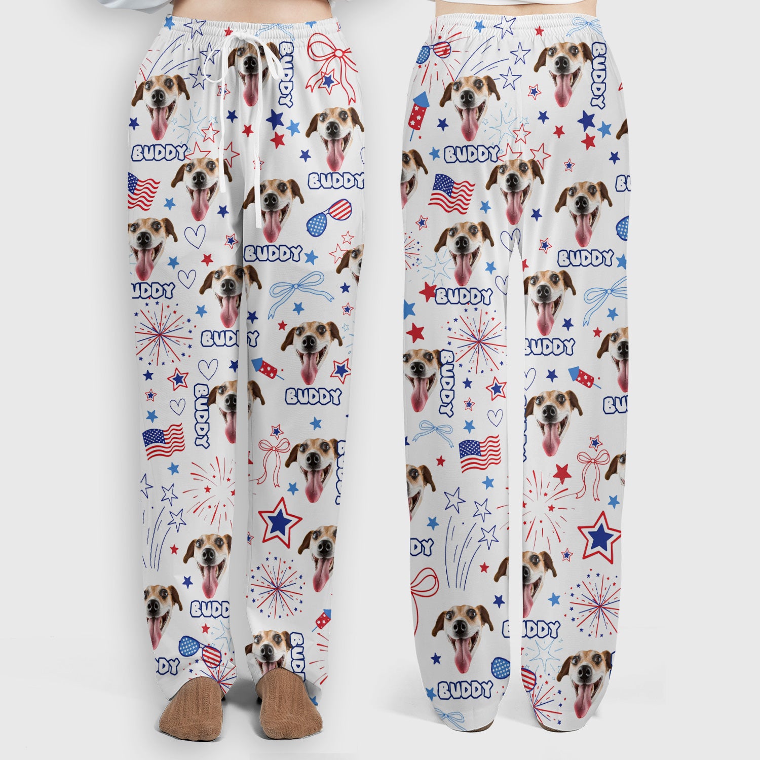 Personalized Patriotic Dog Face Name Pattern Scrub Set, Scrub Pants and V Neck Top