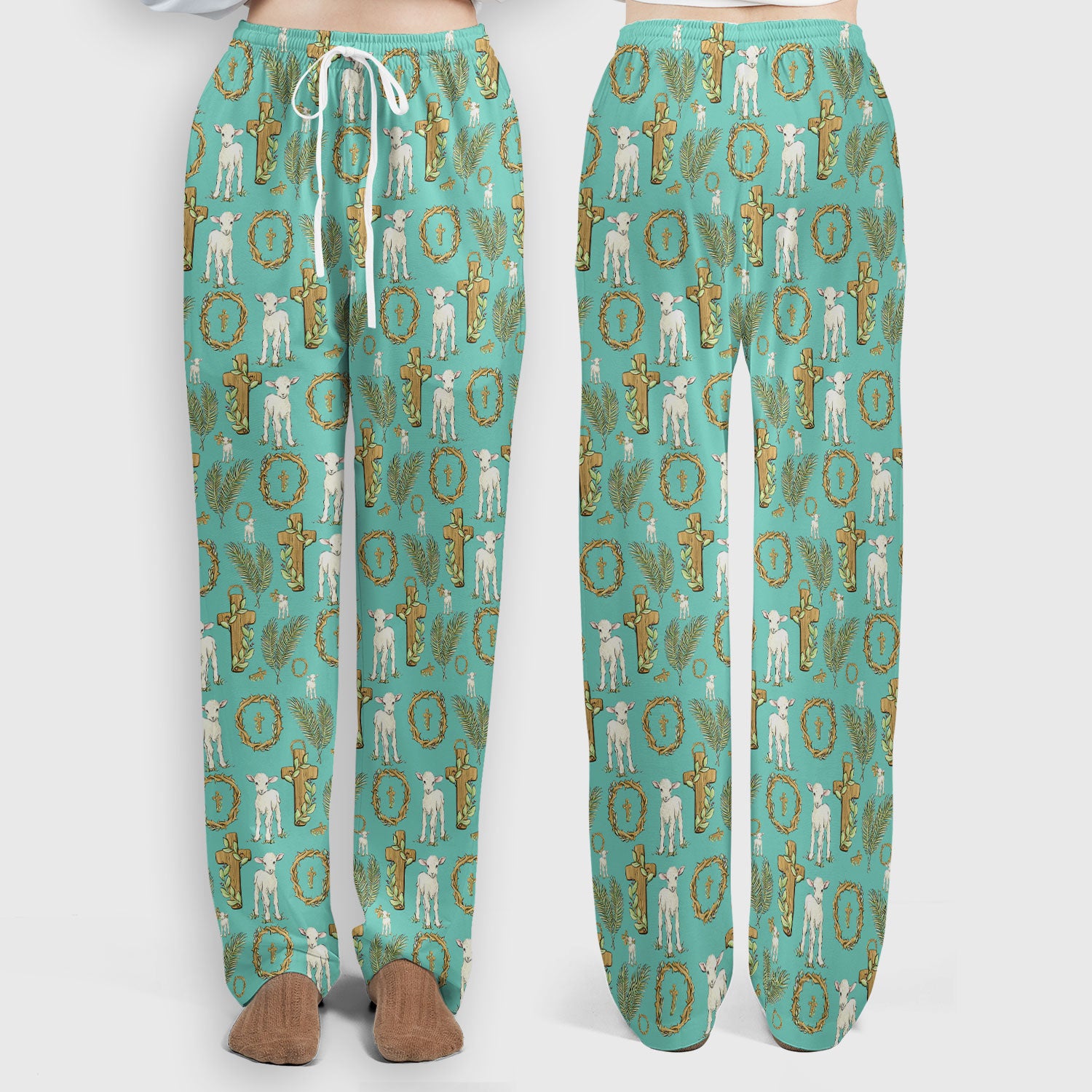 Faith Lamb Cross Pattern Women's Scrub Set, Scrub Pants and V Neck Top