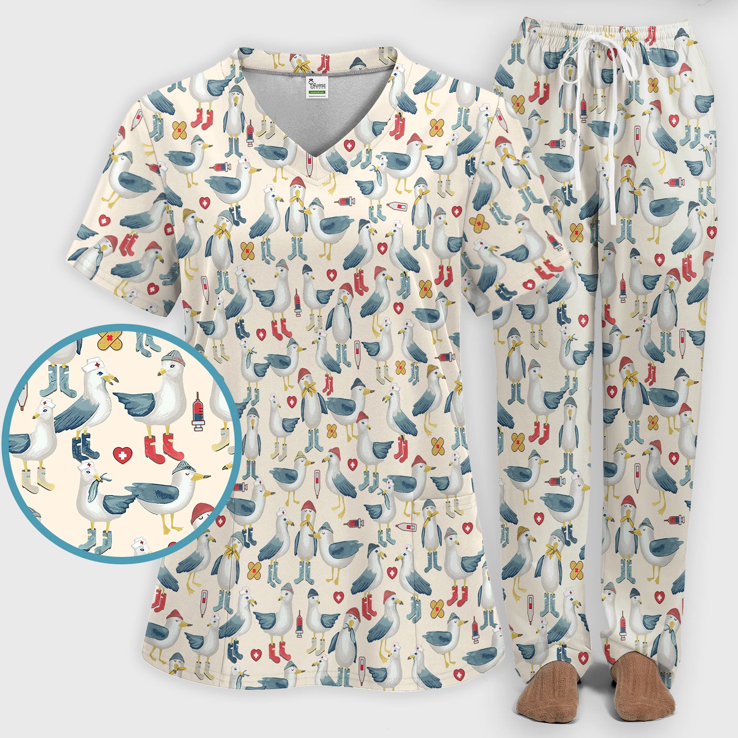 Funny Seagull Nurse Scrub Set - Cute Bird with Medical Icons Scrubs Pants and V Neck Top - Comfortable Scrubs for Women