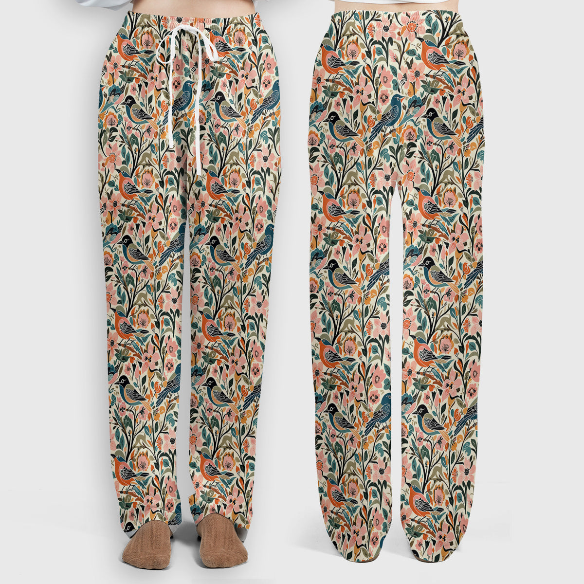 Folk Art Songbird Floral Pattern Scrub Set, Scrub Pants and V Neck Top