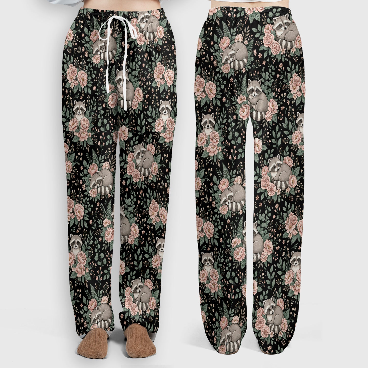 Sleeping Raccoon Rose Garden Pattern Scrub Set, Scrub Pants and V Neck Top