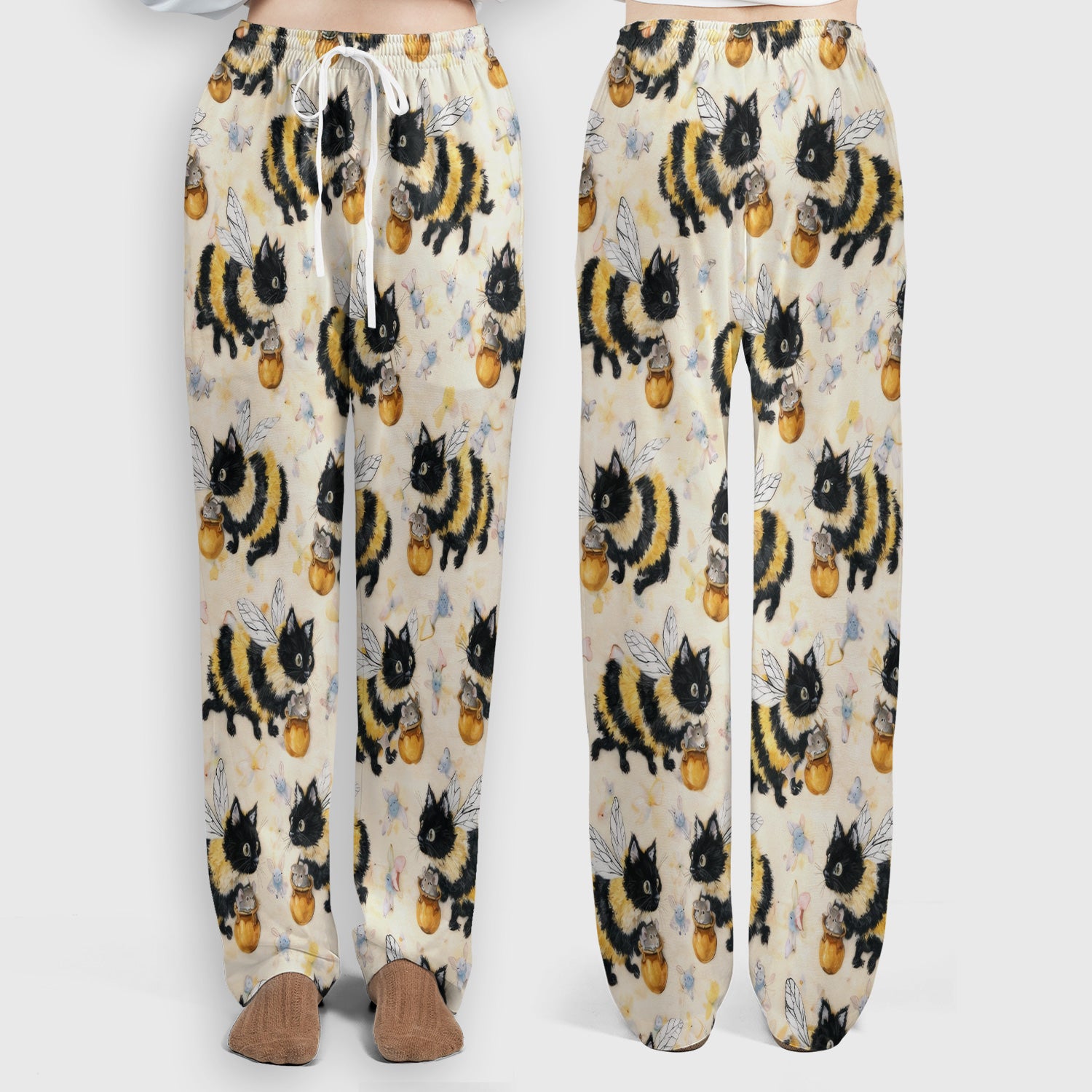 Adorable Nurse Bumblebee Cat Honey Jar Winged Pattern Scrub Set, Scrub Pants and V Neck Top
