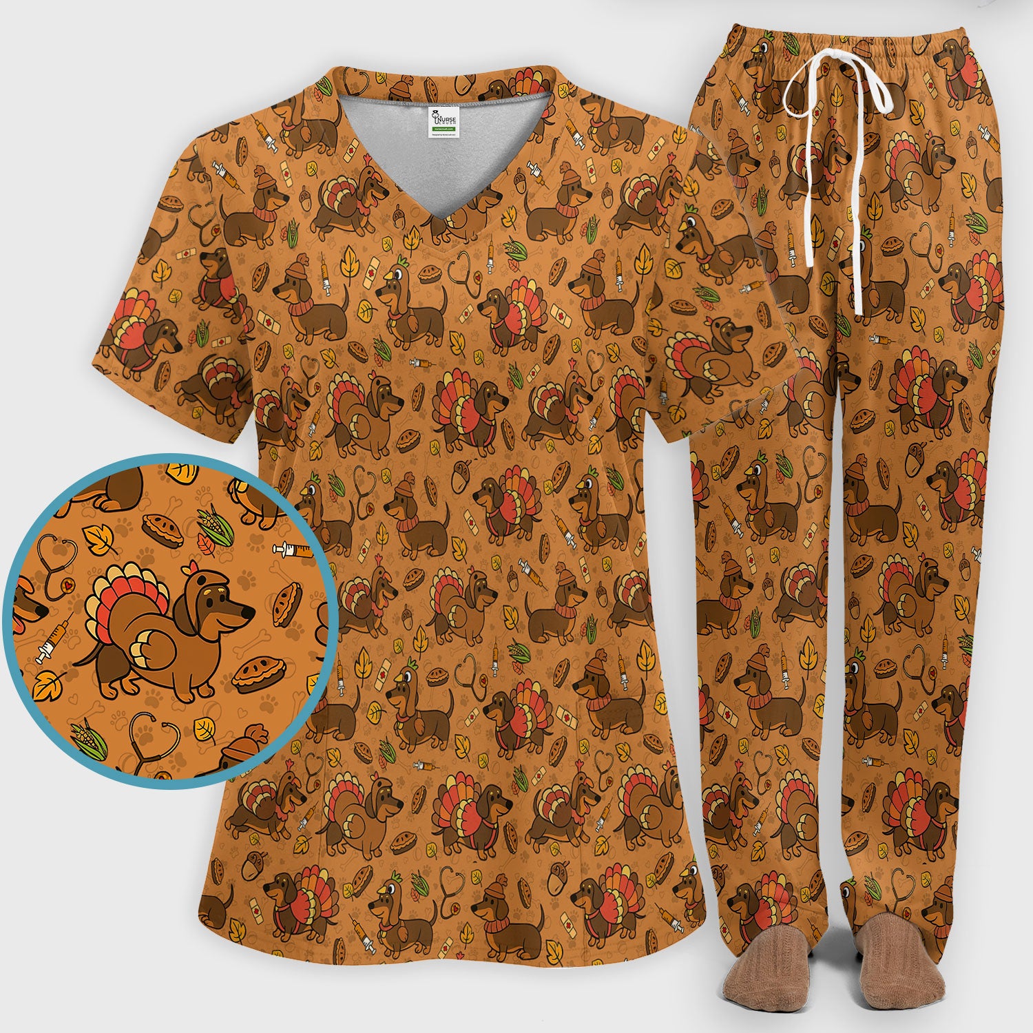 Thanksgiving Dachshund Scrubs Set - Cute Dog Turkey Medical Uniform for Nurses - Funny Holiday Gift for RN CNA LPN