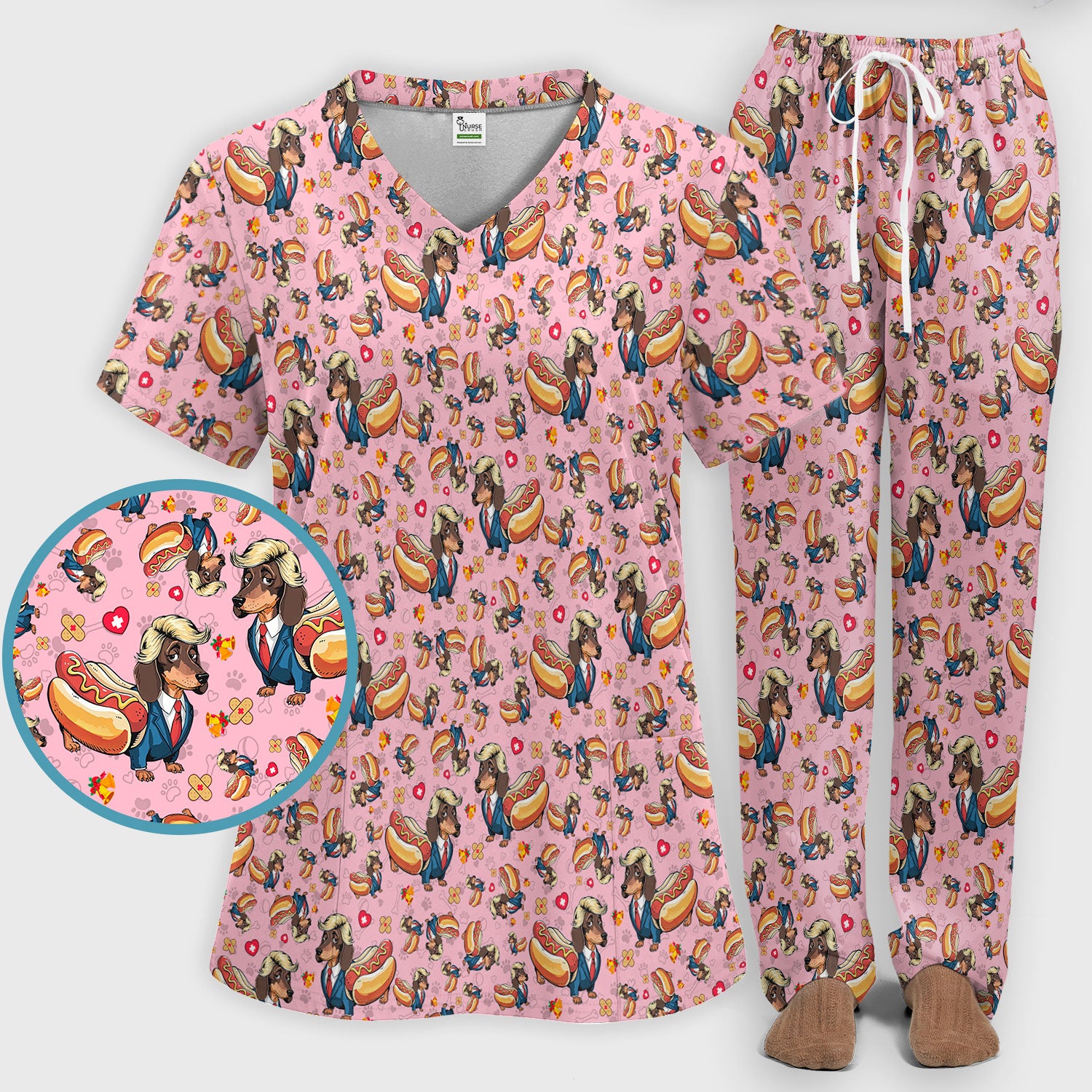 Dachshund Hot Dog Nurse Scrub Set - Funny Sausage Dog Pants and V Neck Top - Medical Uniform Gift