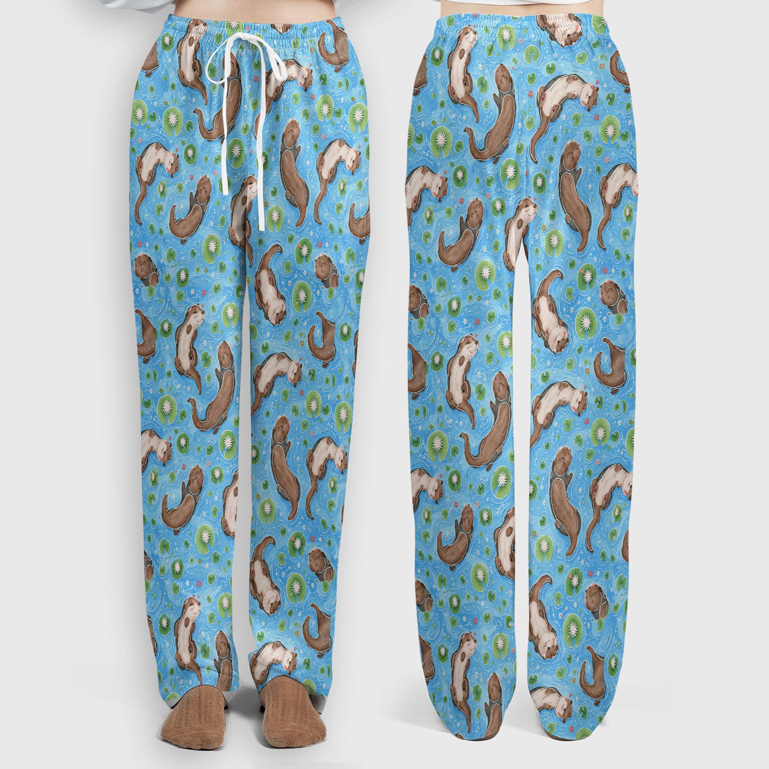 Cute Otter Lily Pond Nurse Print Scrub Set, Scrub Pants and V Neck Top