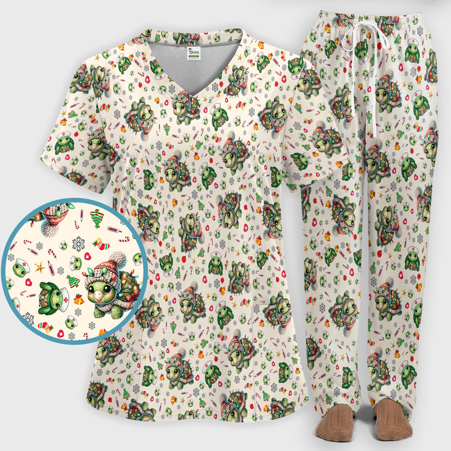 Christmas Turtle Scrub Set - Cute Funny Nurse Pants and V Neck Top - Holiday Medical Uniform for Women
