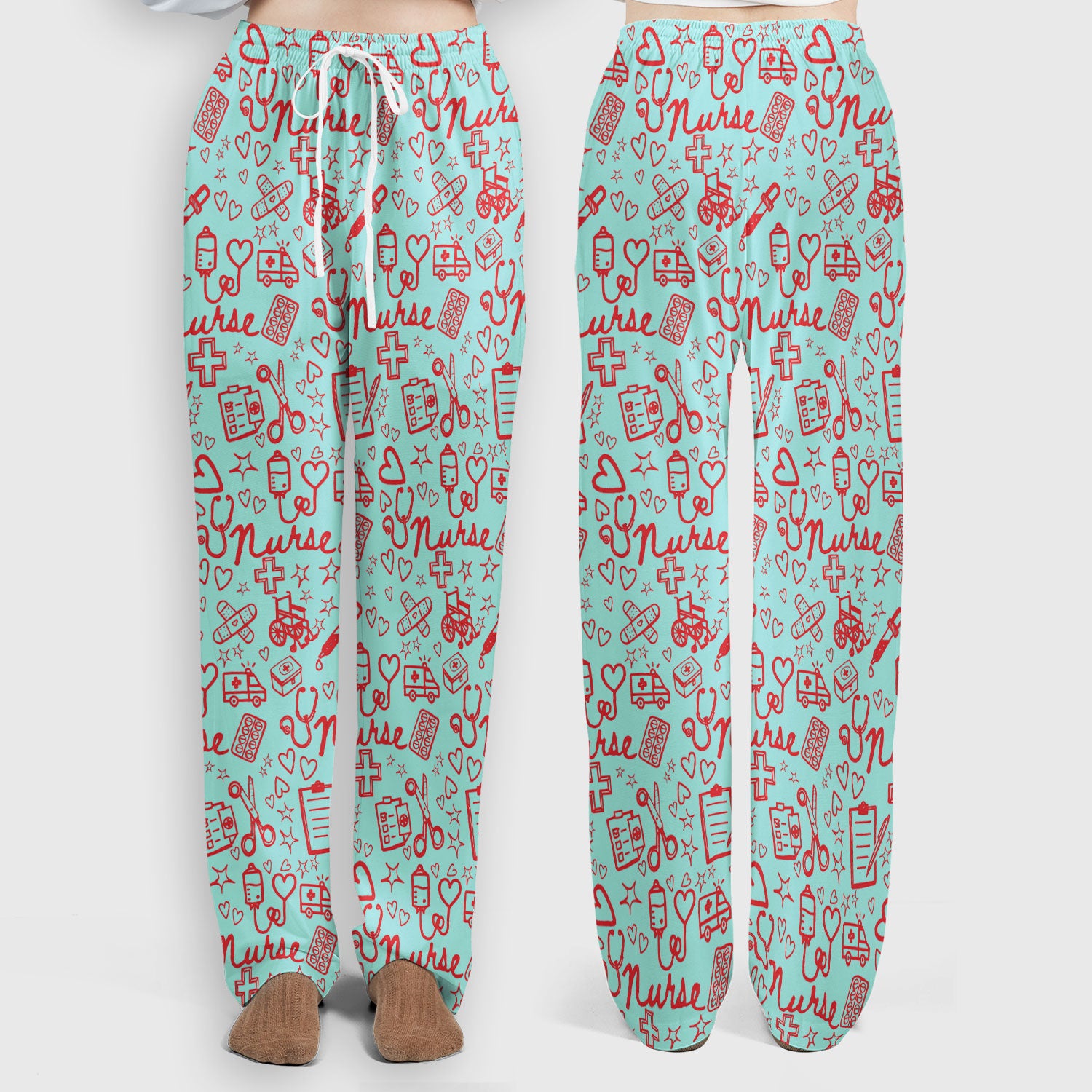Cute Nurse Heart Medical Pattern Scrub Set, Breathable Med Uniform