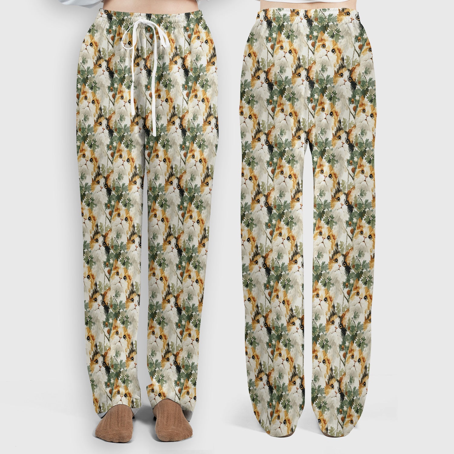 Fluffy Calico Cat Oak Leaves Pattern Scrub Set, Scrub Pants and V Neck Top