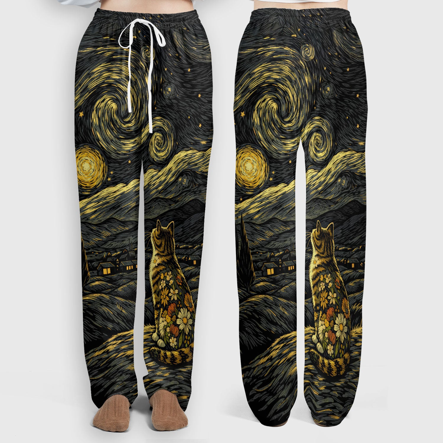 Galaxy Night Sky Cat With Flowers Print Scrub Set, Breathable Med Uniform