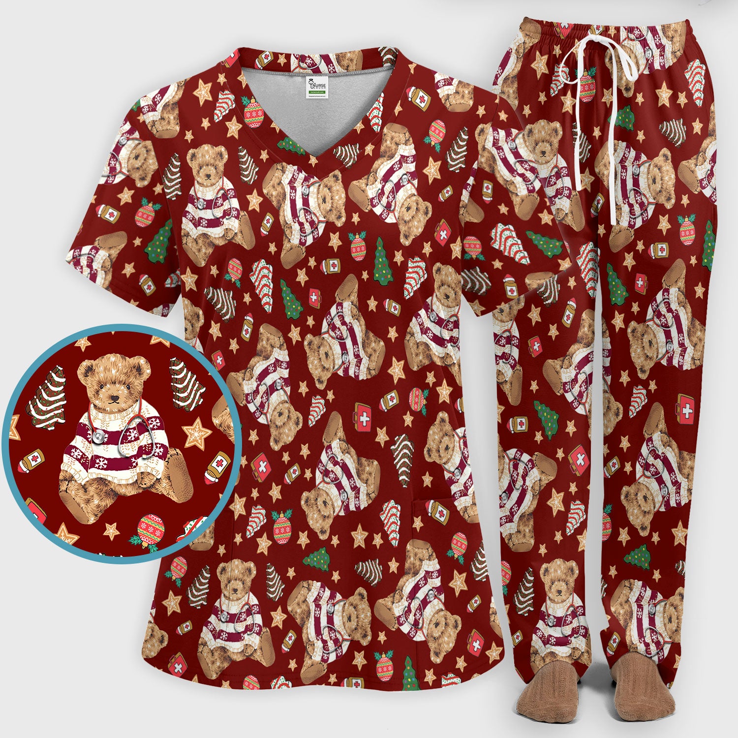 Teddy Bear Christmas Scrub Set - Festive Scrubs Pants and V Neck Top for Women - Gift for Nurses RN CNA LPN