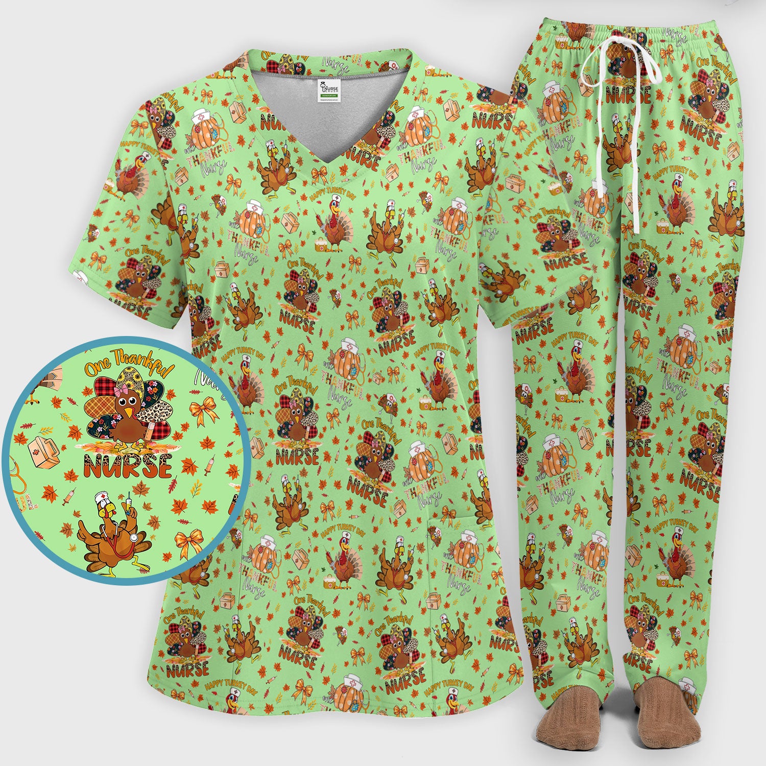 Thanksgiving Nurse Fall Scrub Sets for Women - Cute Turkey and Pumpkin Scrubs Pants and V Neck Top - Autumn Med Gift for Her