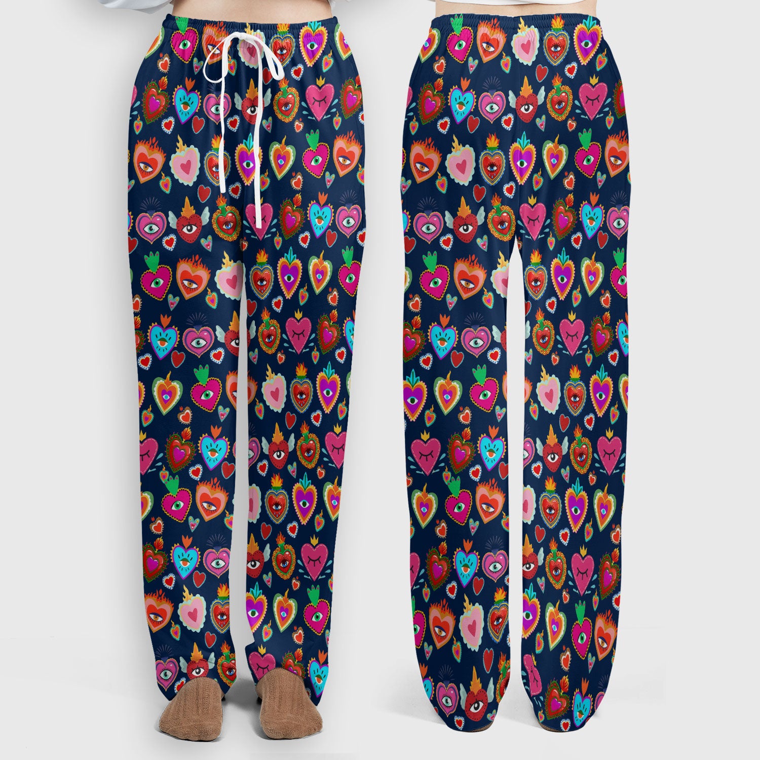 Valentine Colorful Sacred Heart Print Women's Scrub Set, Scrub Pants and V Neck Top