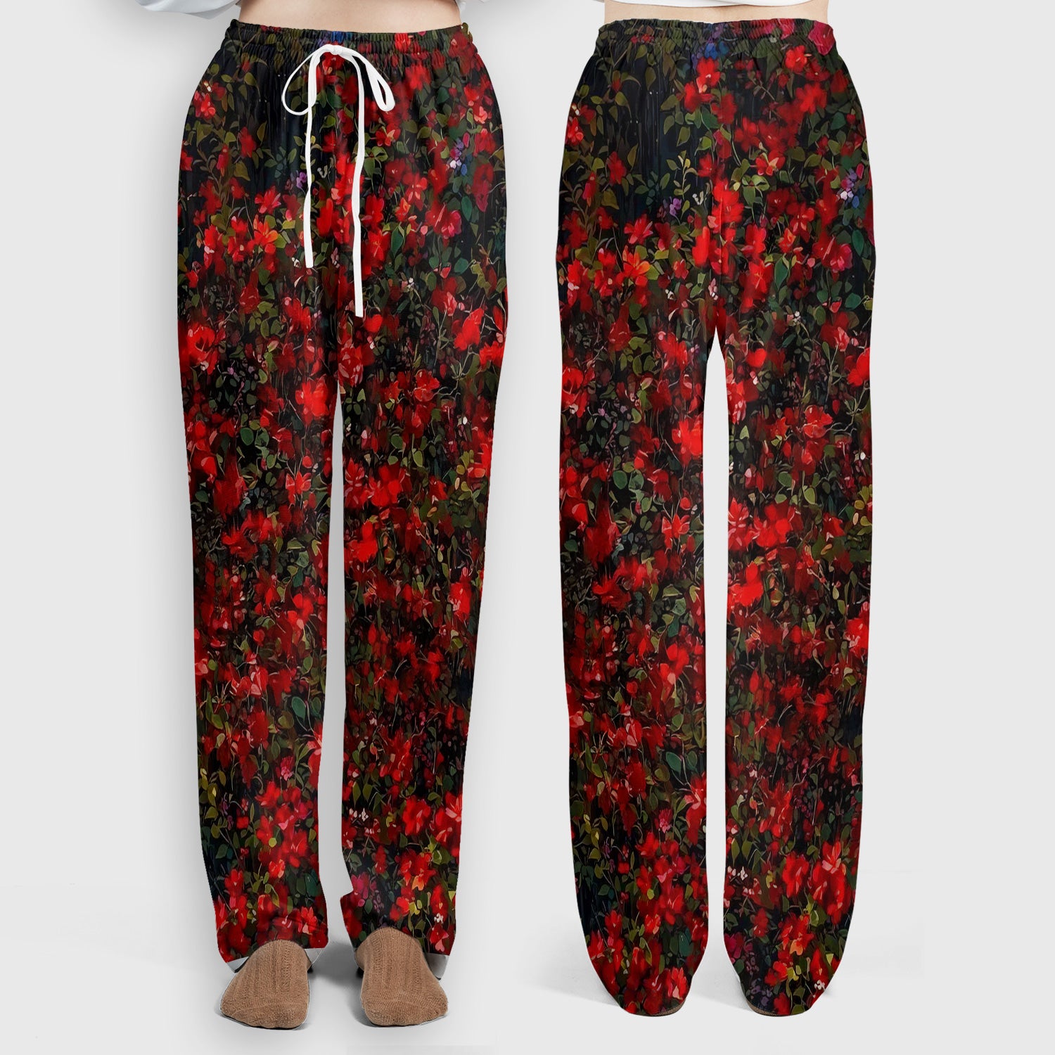 Black Cat Sitting By Red Floral Garden Window Scrub Set, Scrub Pants and V Neck Top