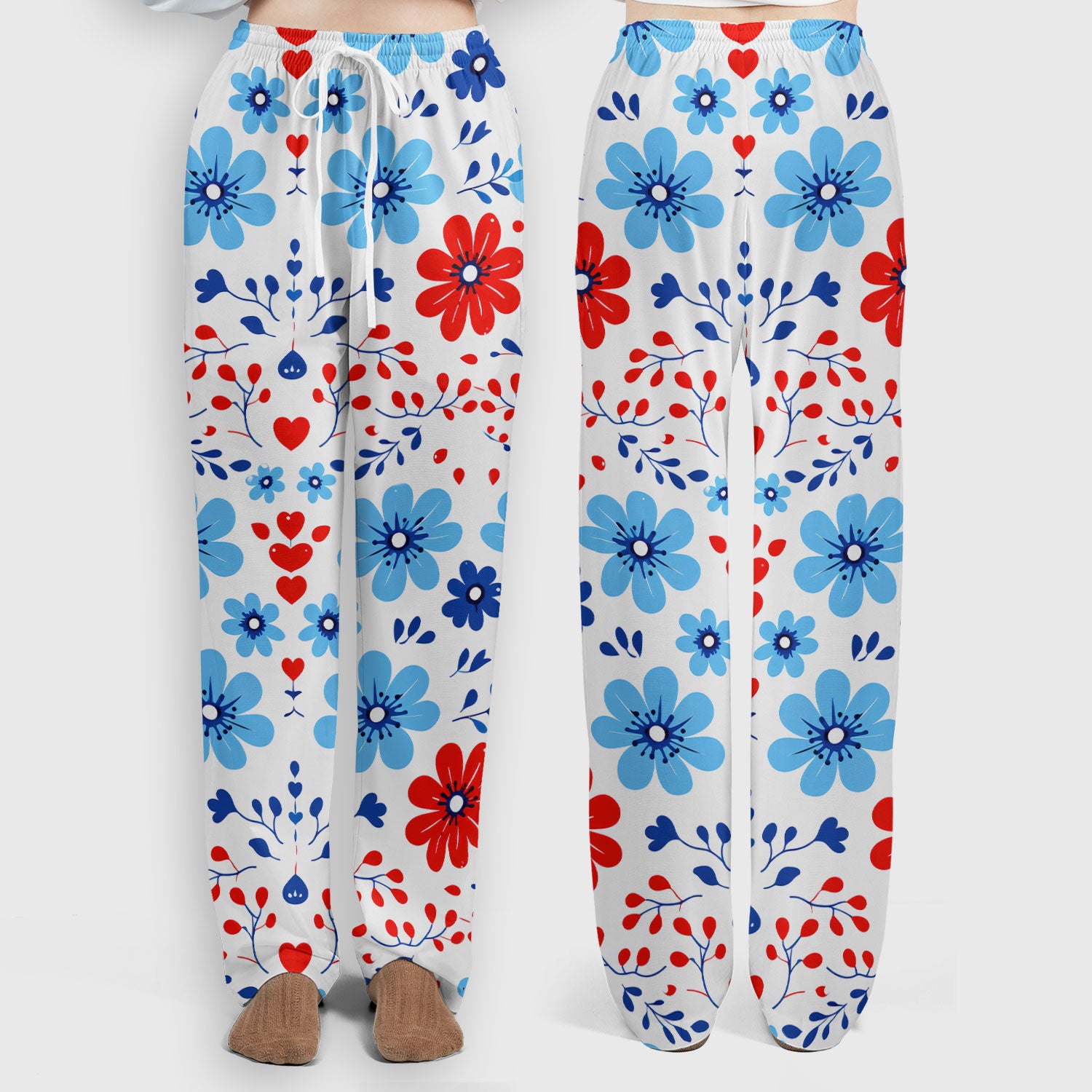 Symmetrical Folk Floral Heart Pattern Scrub Set, Scrub Pants and V Neck Top