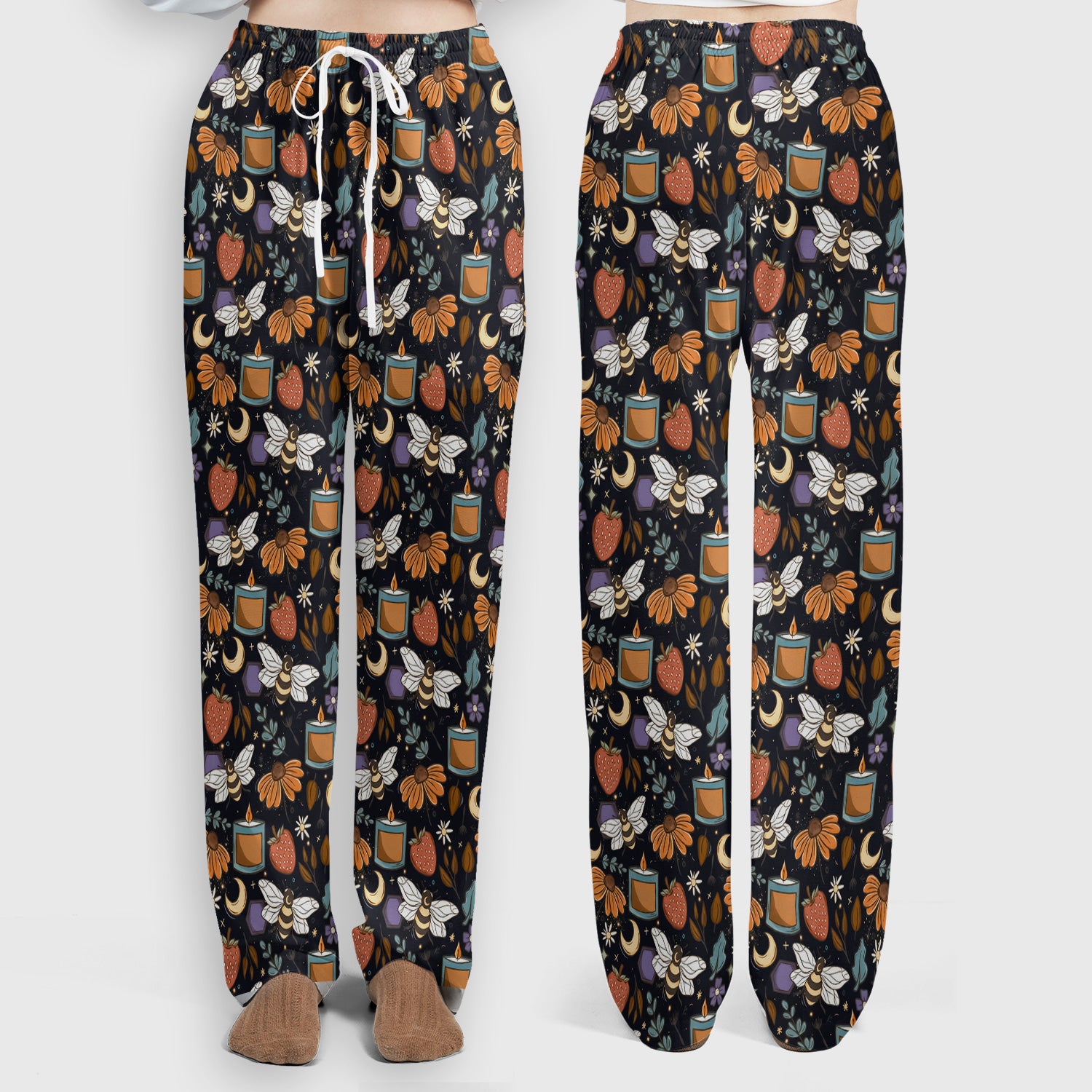Bee Strawberry Floral Candle Pattern Scrub Set, Scrub Pants and V Neck Top