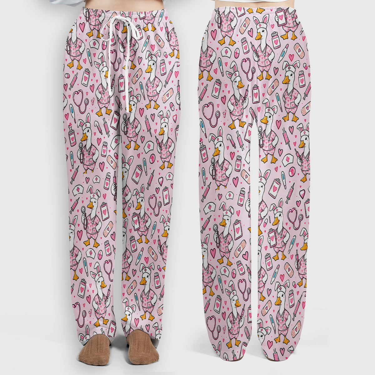 Cute Easter Goose With Bunny Ears Scrub Set, Scrub Pants and V Neck Top