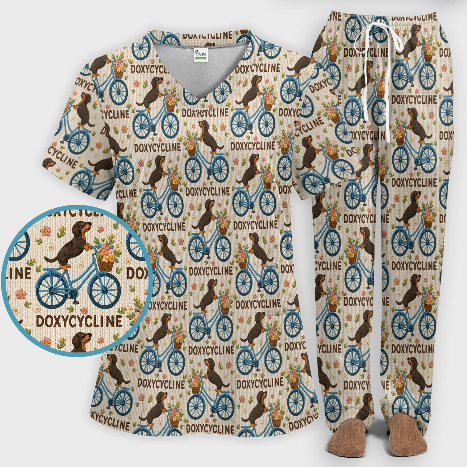 Doxycycline Pharmacy Pun Scrub Set - Dachshund on Bicycle Pharmacists Scrubs Pants and V Neck Top - Veterinary Technicians Gift