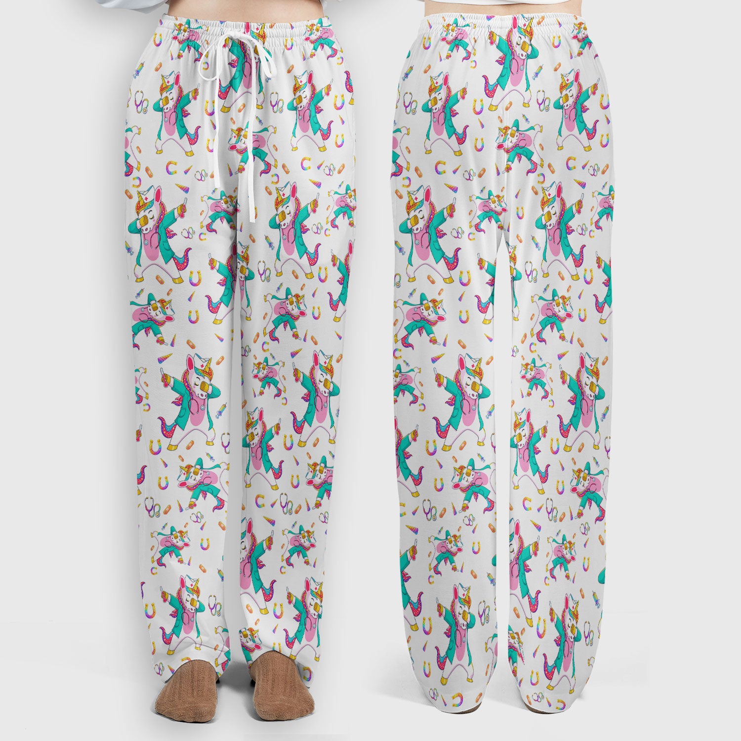 Cute Unicorn Nurse Dance Pattern Women's Sets, Scrub Pants and V Neck Top
