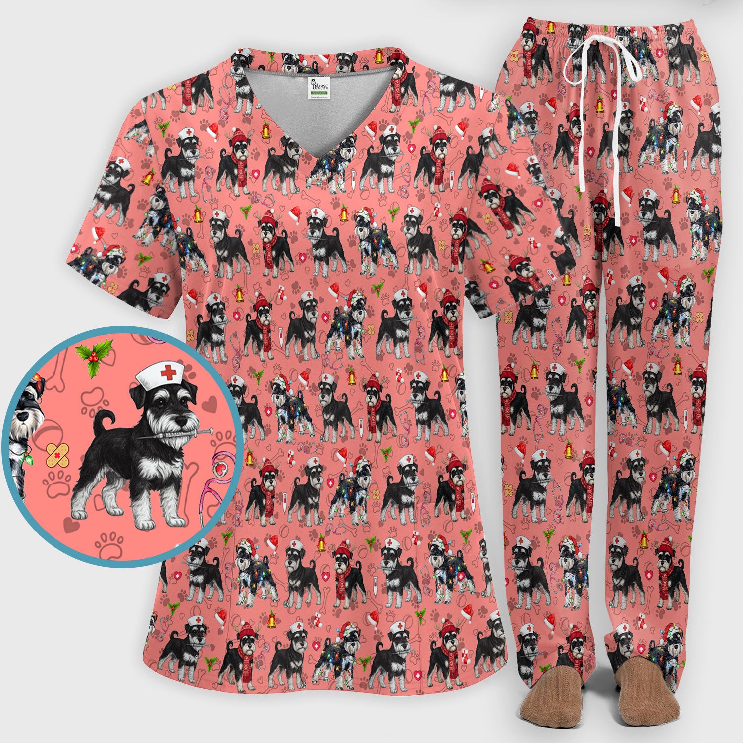 Christmas Schnauzer Scrub Set for Nurses - Cute Dog Holiday Scrubs Pants and V Neck Top - Funny Santa Nursing Medical Shirt for Women