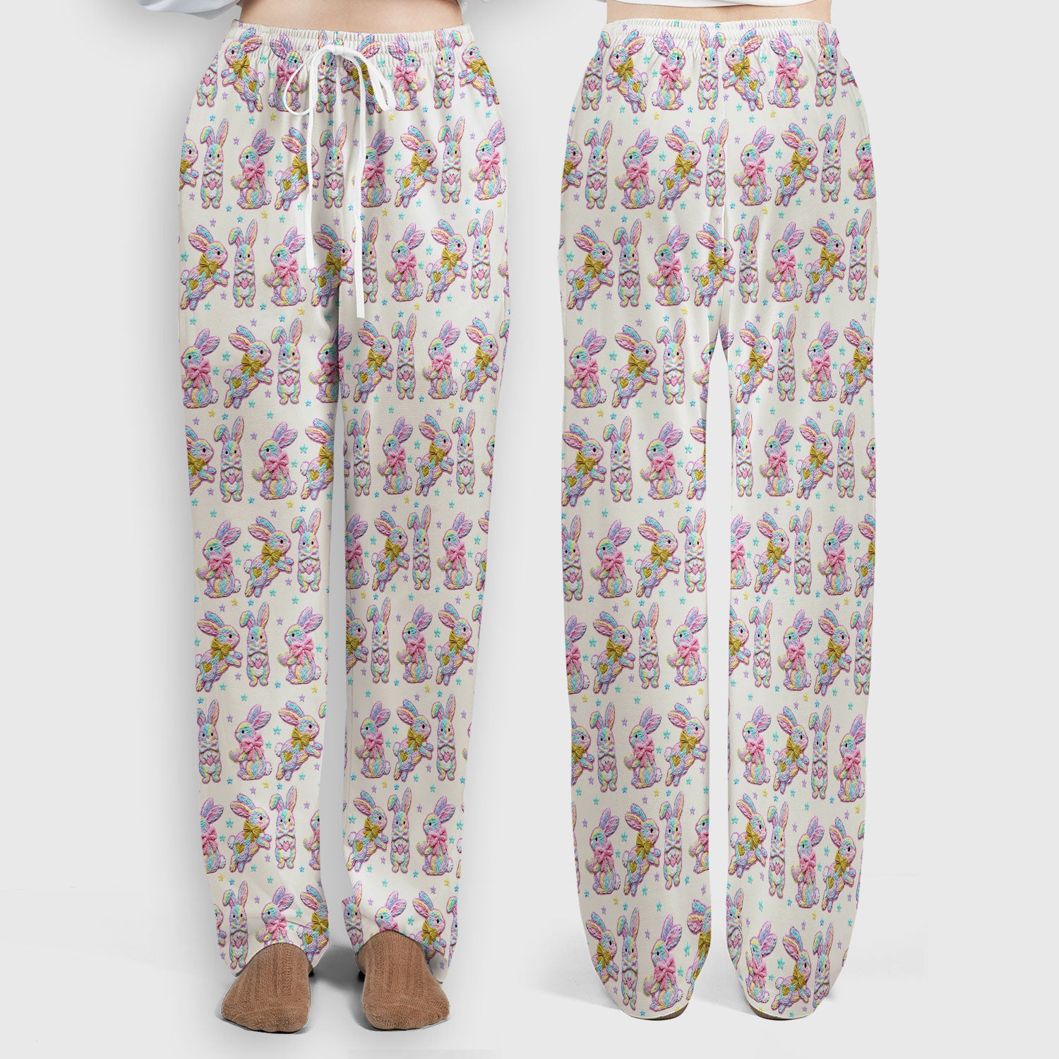 Cartoon Bunny All Over Print Set, Scrub Pants and V Neck Top