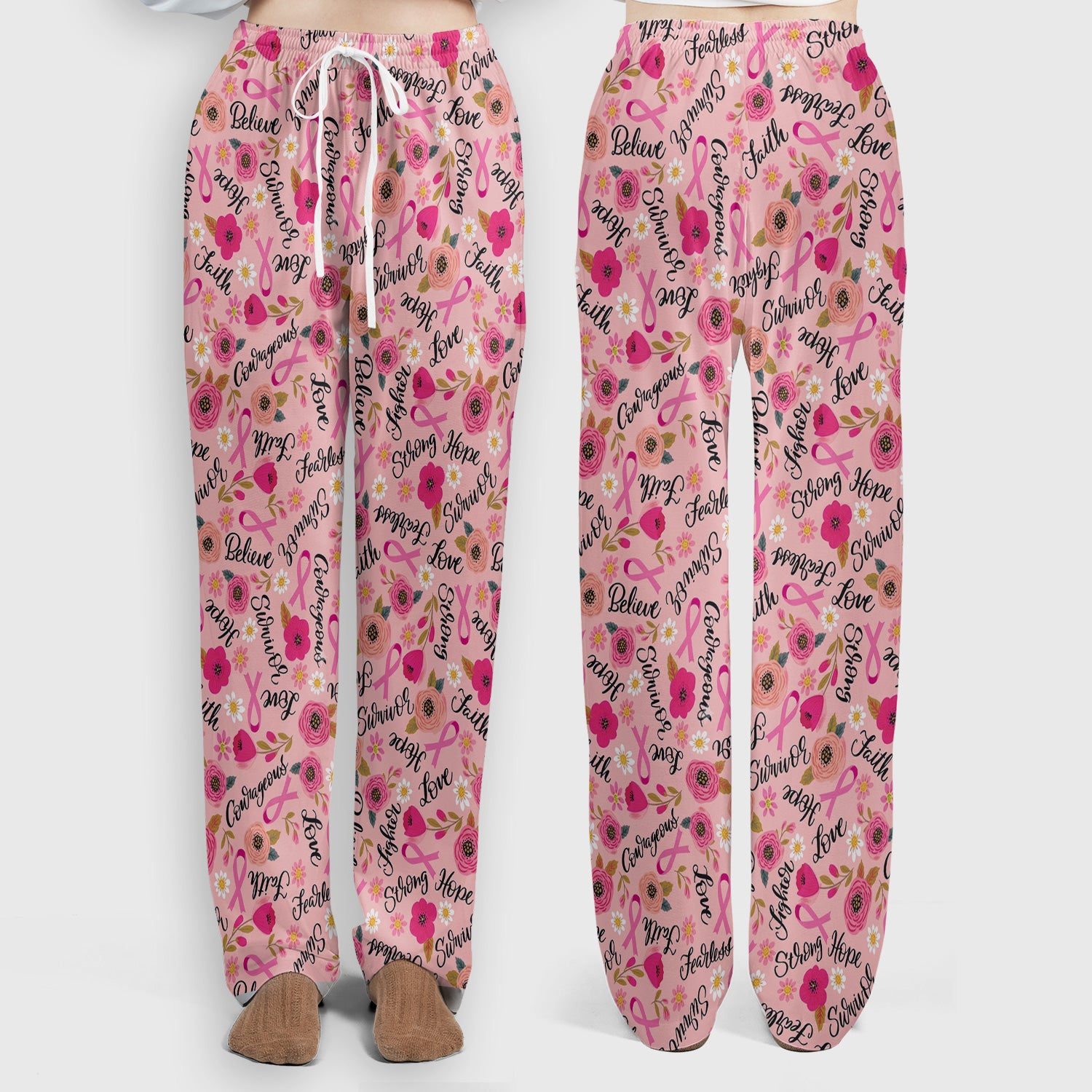 Breast Cancer Awareness Oncology with Pink Ribbon Floral Pattern Scrub Set, Scrub Pants and V Neck Top