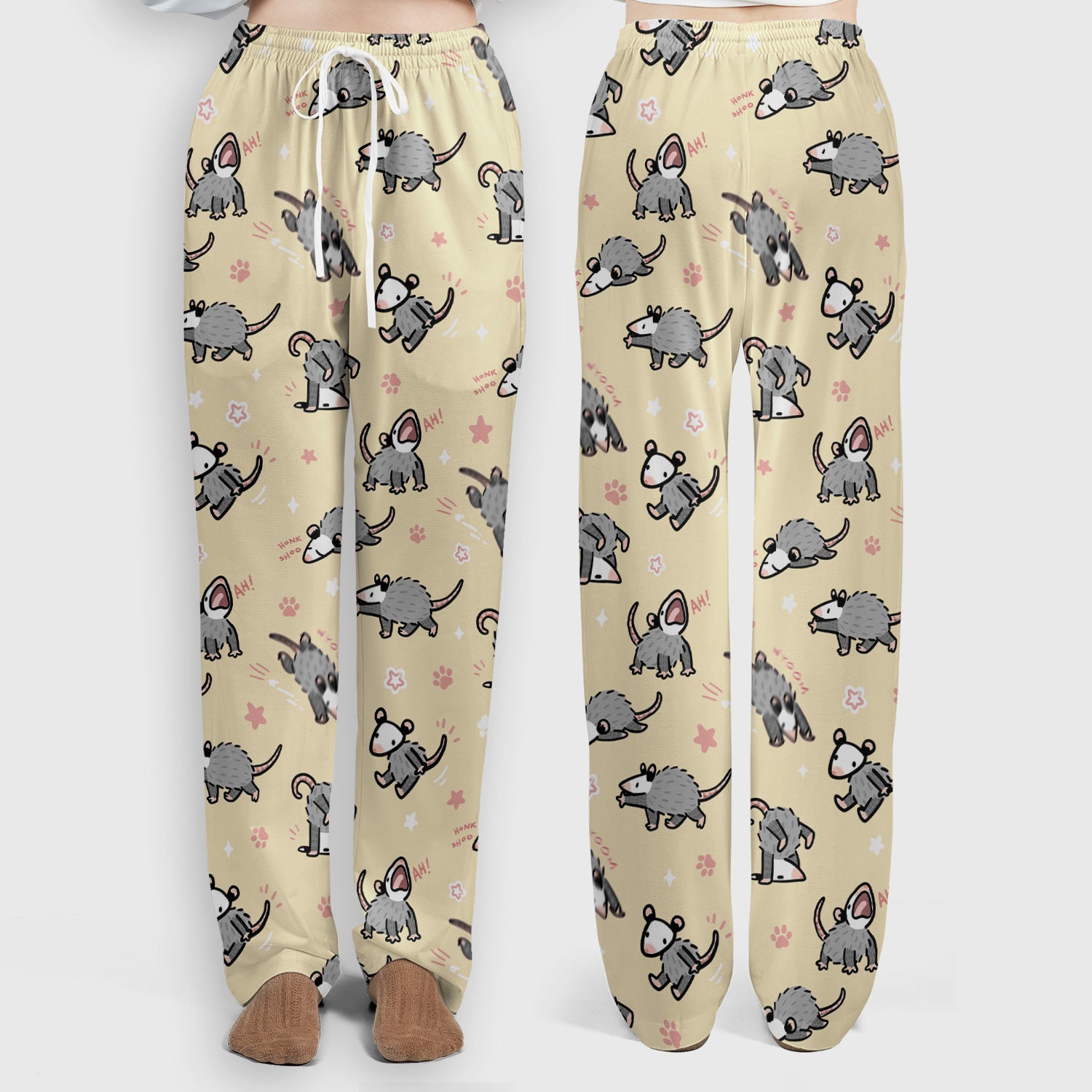 Playful Cartoon Opossum Character Pattern Scrub Set, Women's Scrub Sets