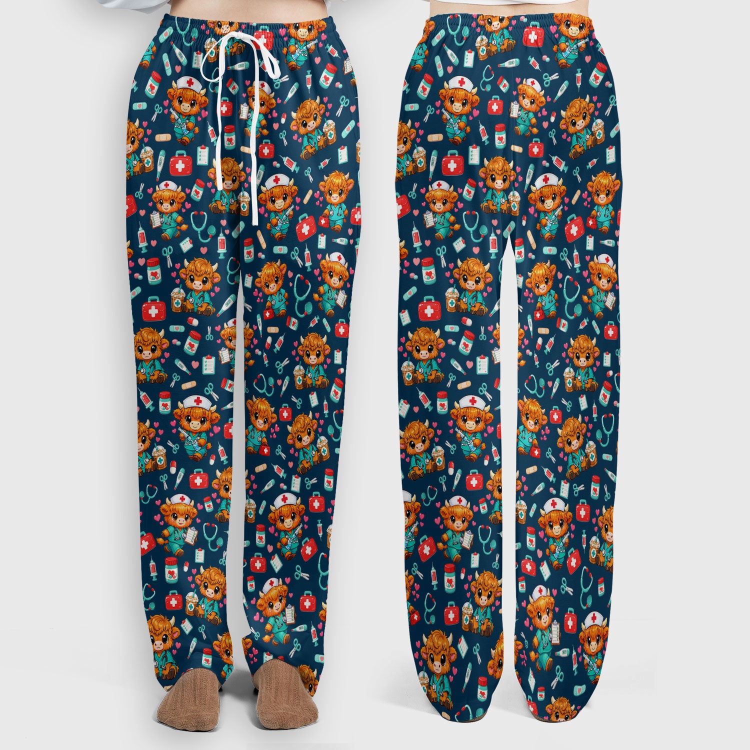 Cute Highland Cow Nurse Scrub Set, Kawaii Medical Pattern Shirt, Breathable Fabrics Nursing Uniform