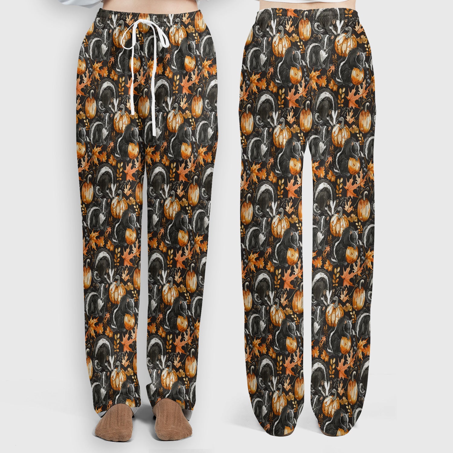 Skunk Pumpkin with Autumn Leaves Pattern Scrub Set, Scrub Pants and V Neck Top