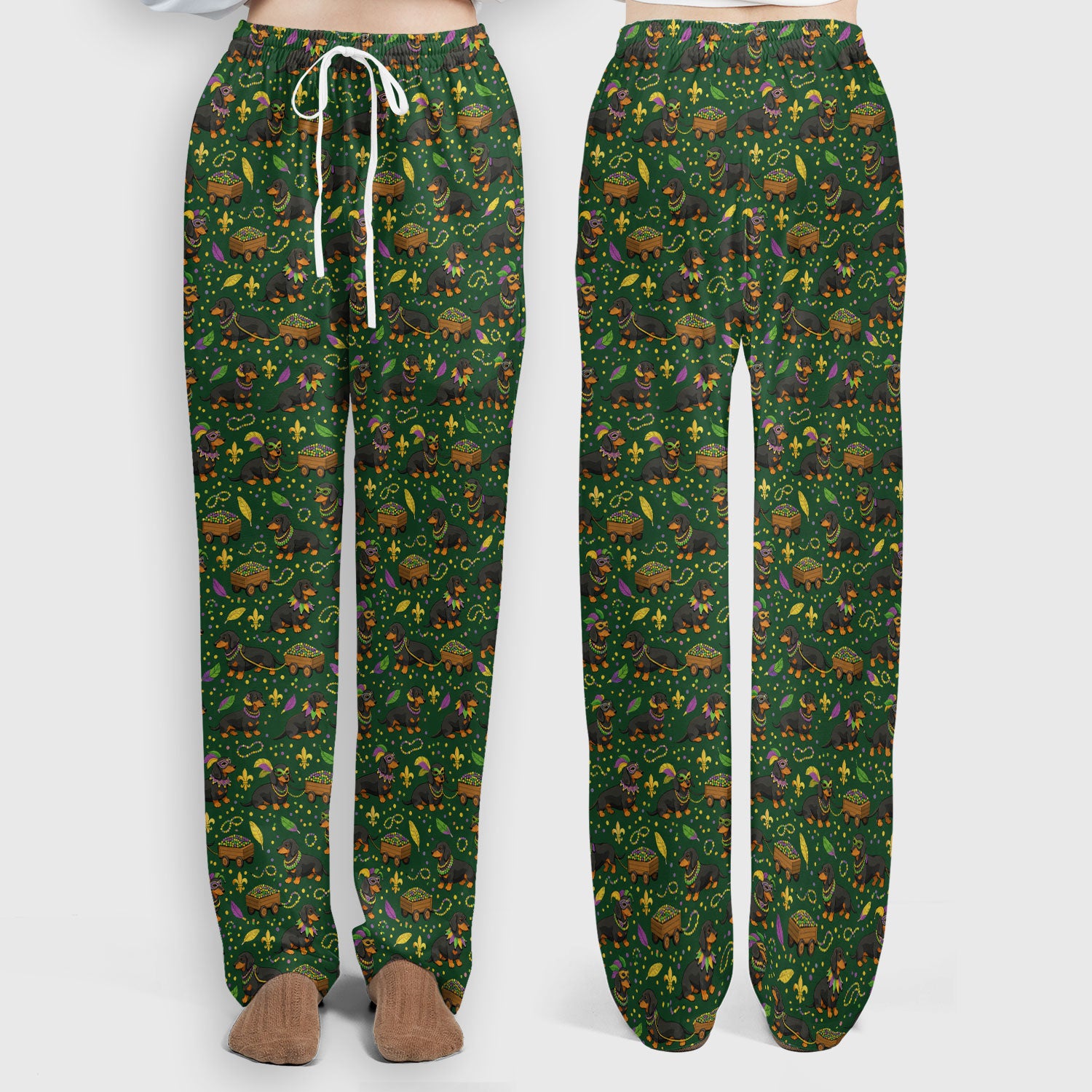 Funny Mardi Gras Dachshund Scrub Set, Festival Wiener Dog Pattern Nurse Shirt, Breathable Fabrics Nursing Uniform