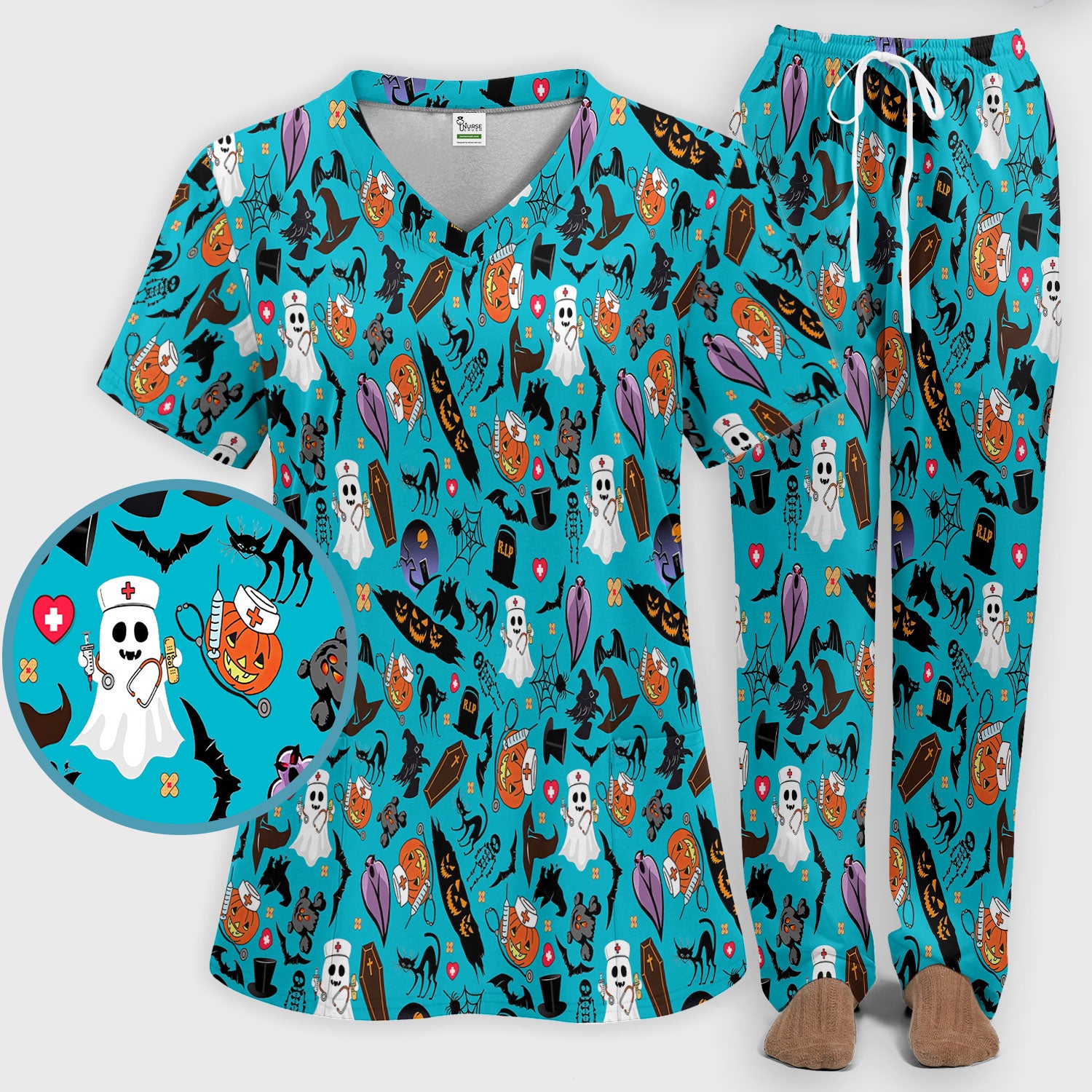 Spooky Halloween Scrub Set - Pumpkin Ghost Bat Nurse Scrubs Pants and V Neck Top - Wicked Witch Medical Uniform for RN CNA LPN