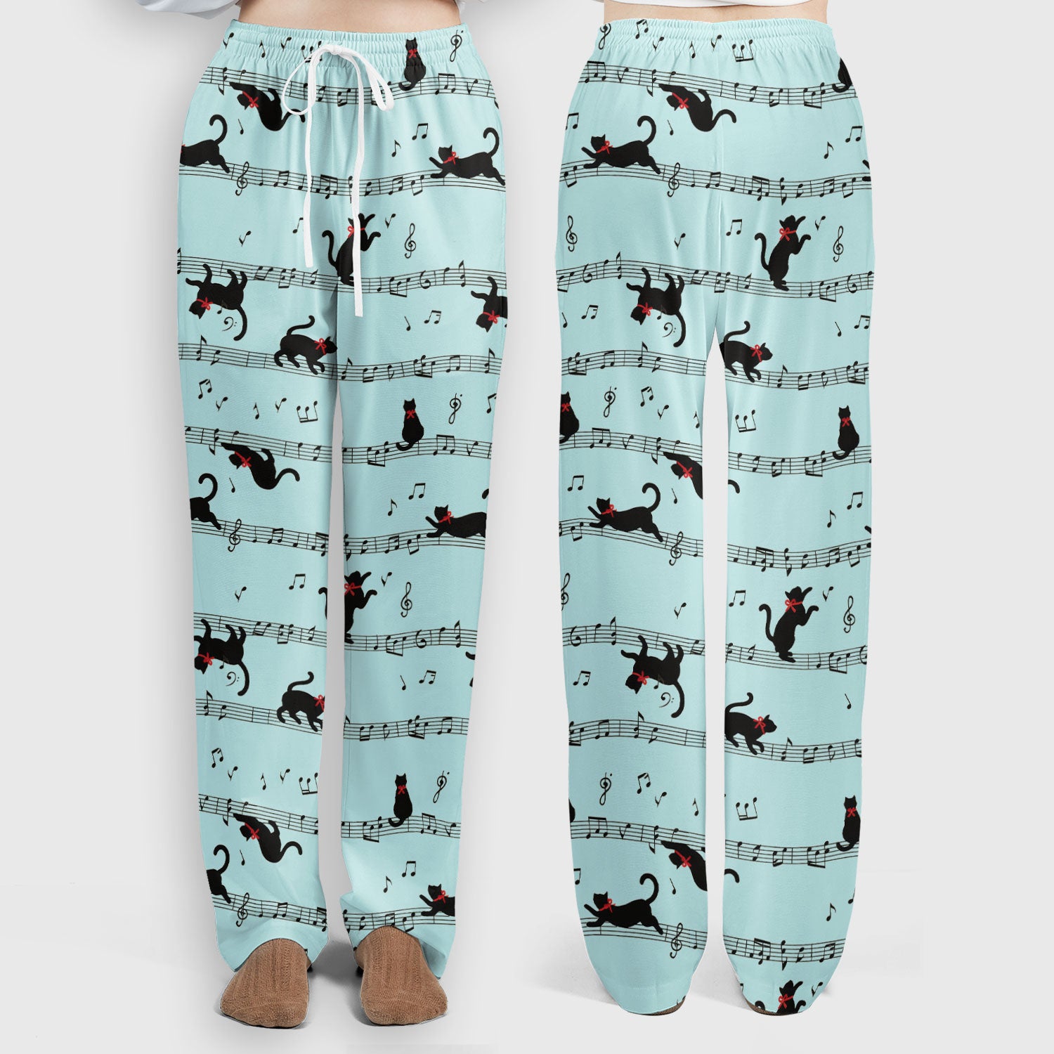 Cute Dancing Black Cat Music Staff Pattern Scrub Set, Scrub Pants and V Neck Top