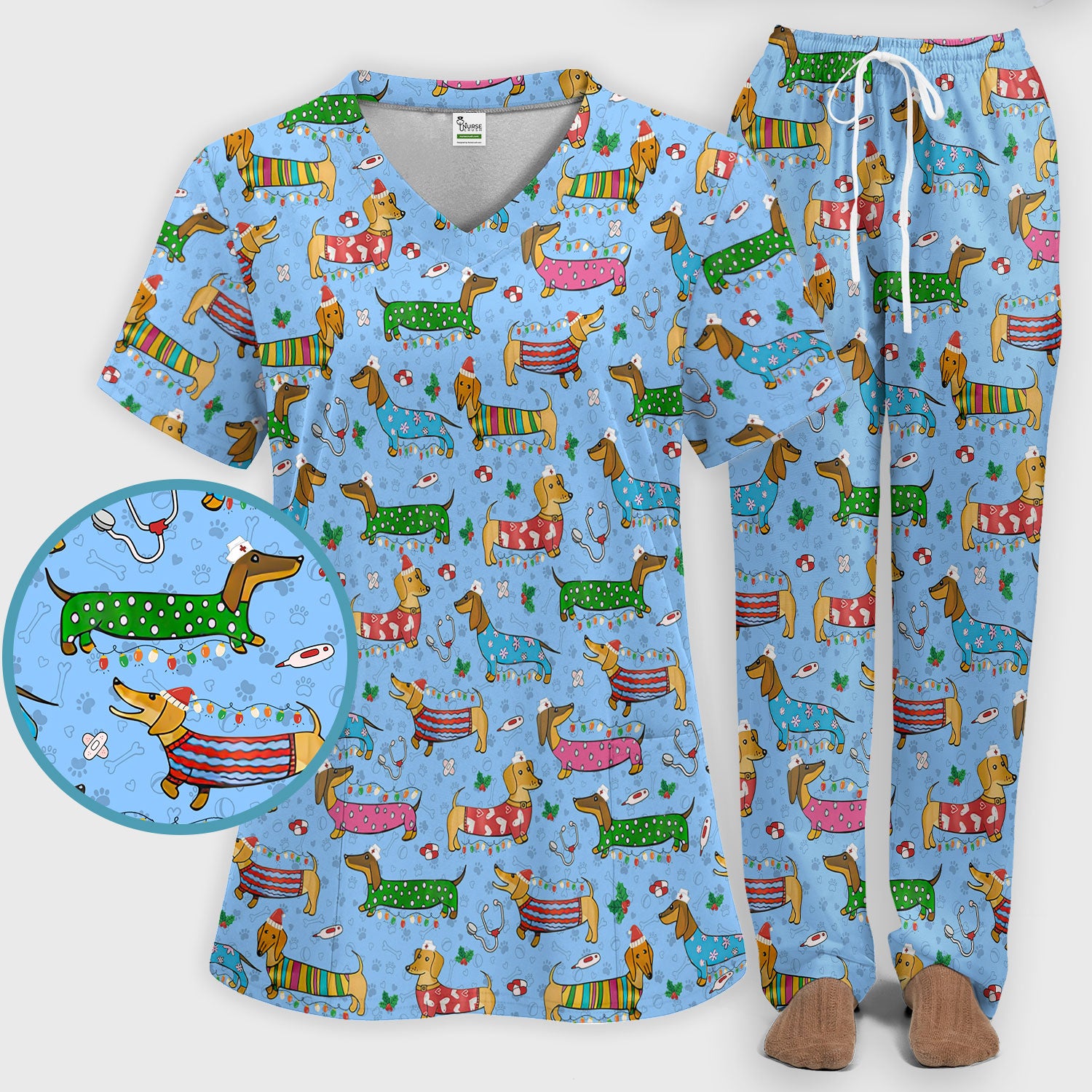 Christmas Dachshund Scrub Set for Nurses - Cute Wiener Dog in Holiday Outfit - Funny Medical Uniform Gift for Women RN LPN CNA