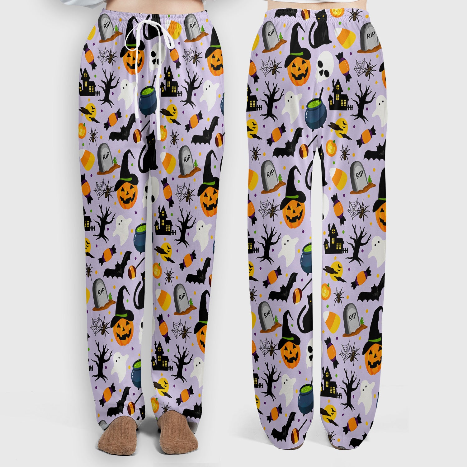 Ghost Pumpkin Witch Pattern Scrub Set, Scrub Pants and V Neck Top