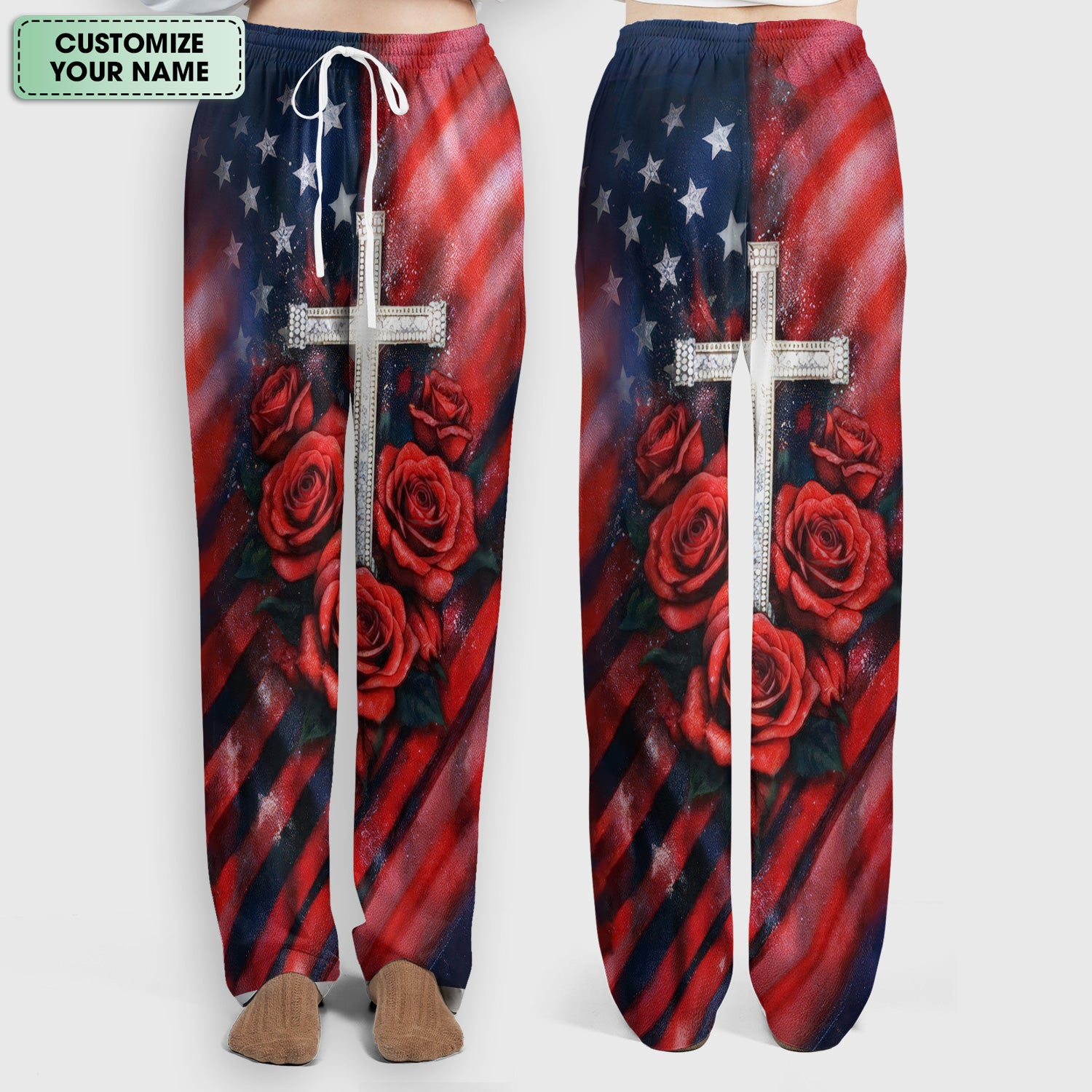 Custom Name Patriotic Cross Butterfly Rose Print Scrub Set, Scrub Pants and V Neck Top