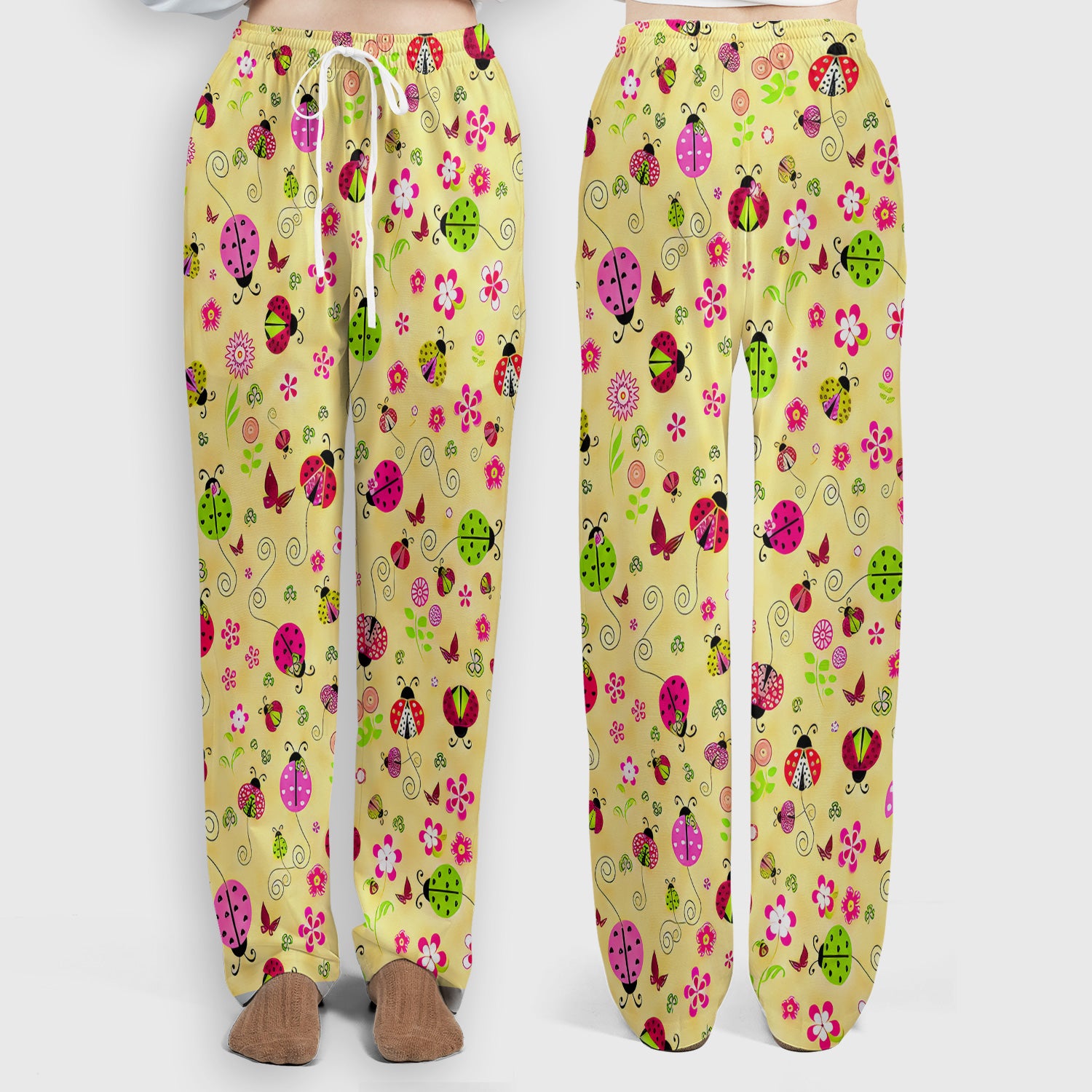 Yellow Ladybug Floral Garden Pattern Scrub Set, Scrub Pants and V Neck Top
