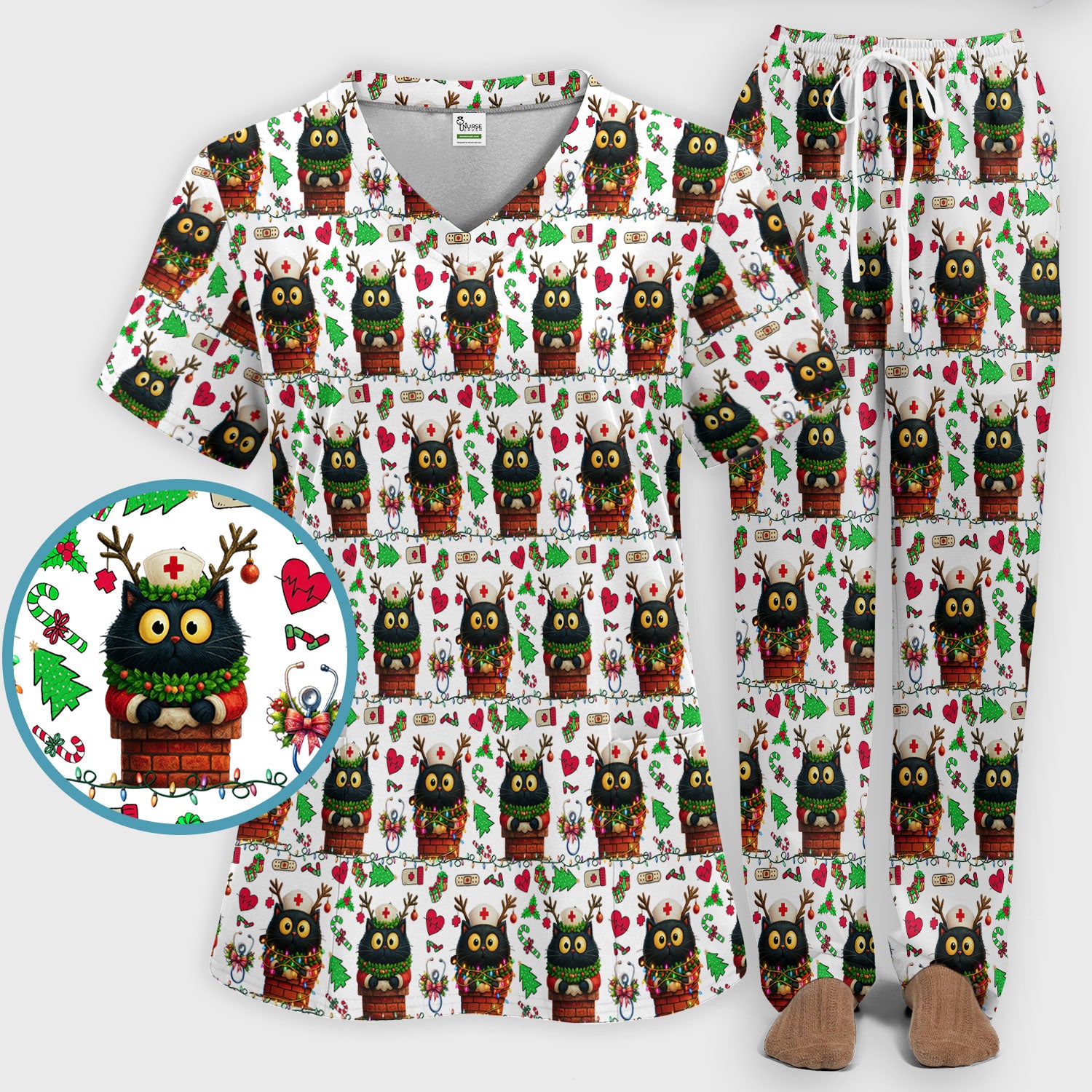 Christmas Black Cat Scrub Set for Nurse - Cute Reindeer Cat with Xmas Lights Pants and V Neck Top - Festive Holiday Medical Uniform
