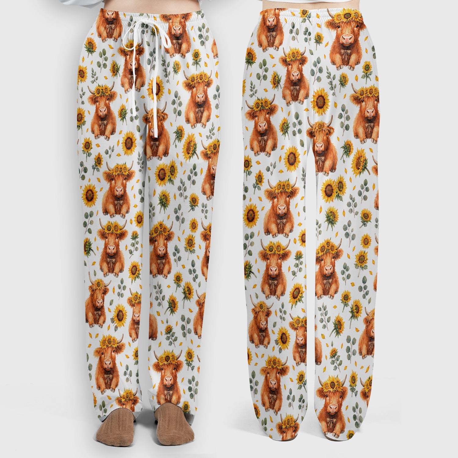 Rustic Highland Cow Floral Pattern Scrub Set, Scrub Pants and V Neck Top