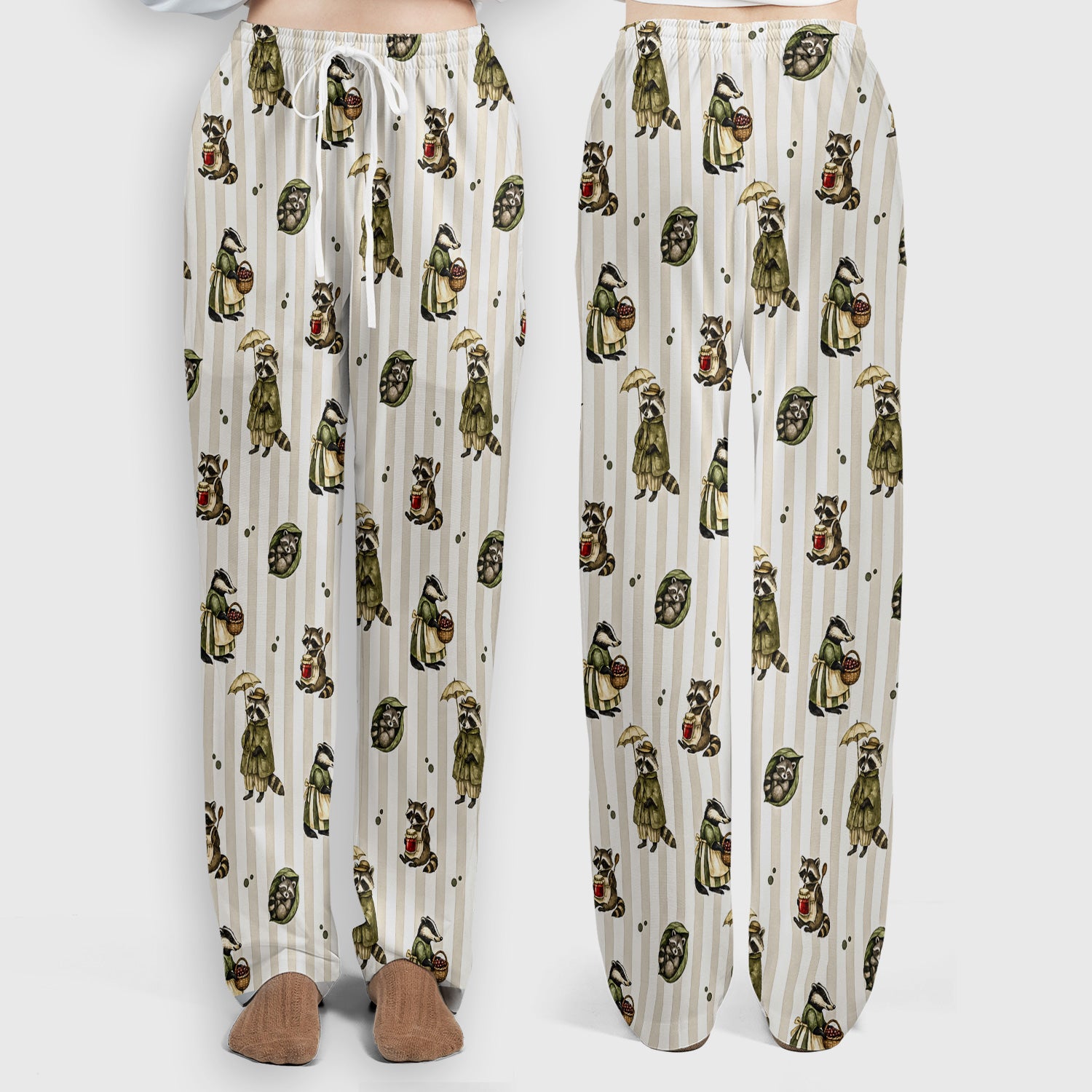 Cute Woodland Raccoon Print Scrub Set, Scrub Pants and V Neck Top