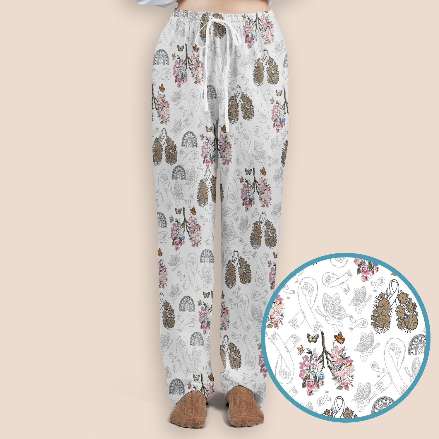 Lung Cancer Awareness Scrub Sets for Nurse - White Ribbon Butterfly Floral Scrub Pants and V Neck Top - Breathable Med Uniform for Women