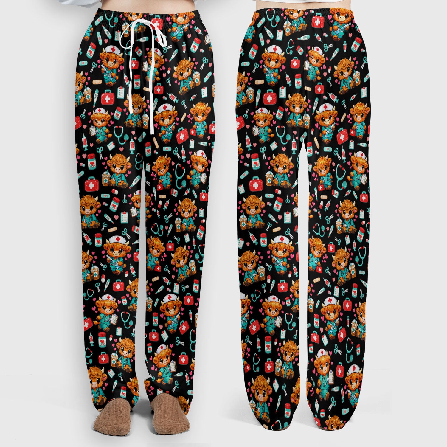 Cute Highland Cow Nurse Scrub Set, Kawaii Medical Pattern Shirt, Breathable Fabrics Nursing Uniform