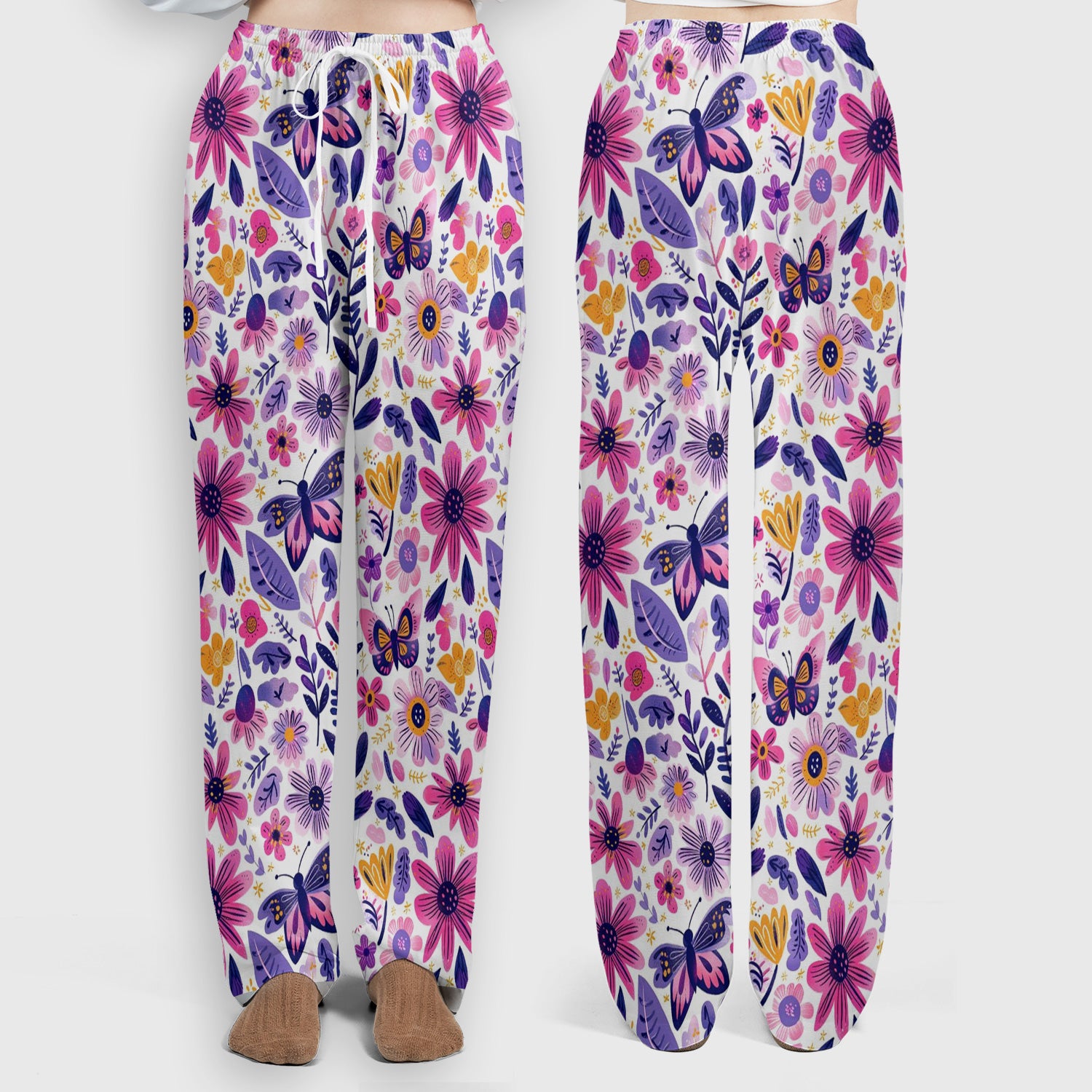 Cute Butterfly Wildflower Garden Pattern Scrub Set, Scrub Pants and V Neck Top