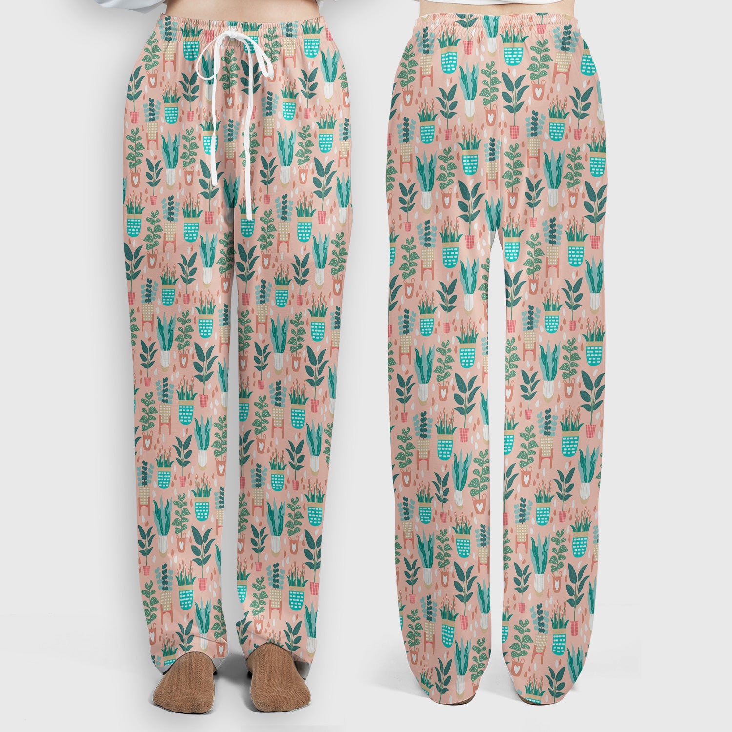 Potted Houseplant Leaves Pattern Scrub Set, Scrub Pants and V Neck Top